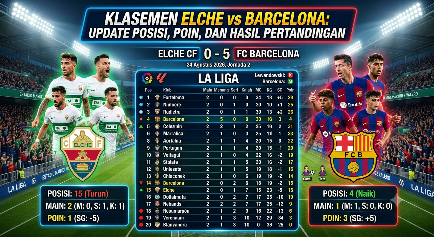 Klasemen Elche vs Barcelona: Update Posisi, Poin, dan Hasil Pertandingan