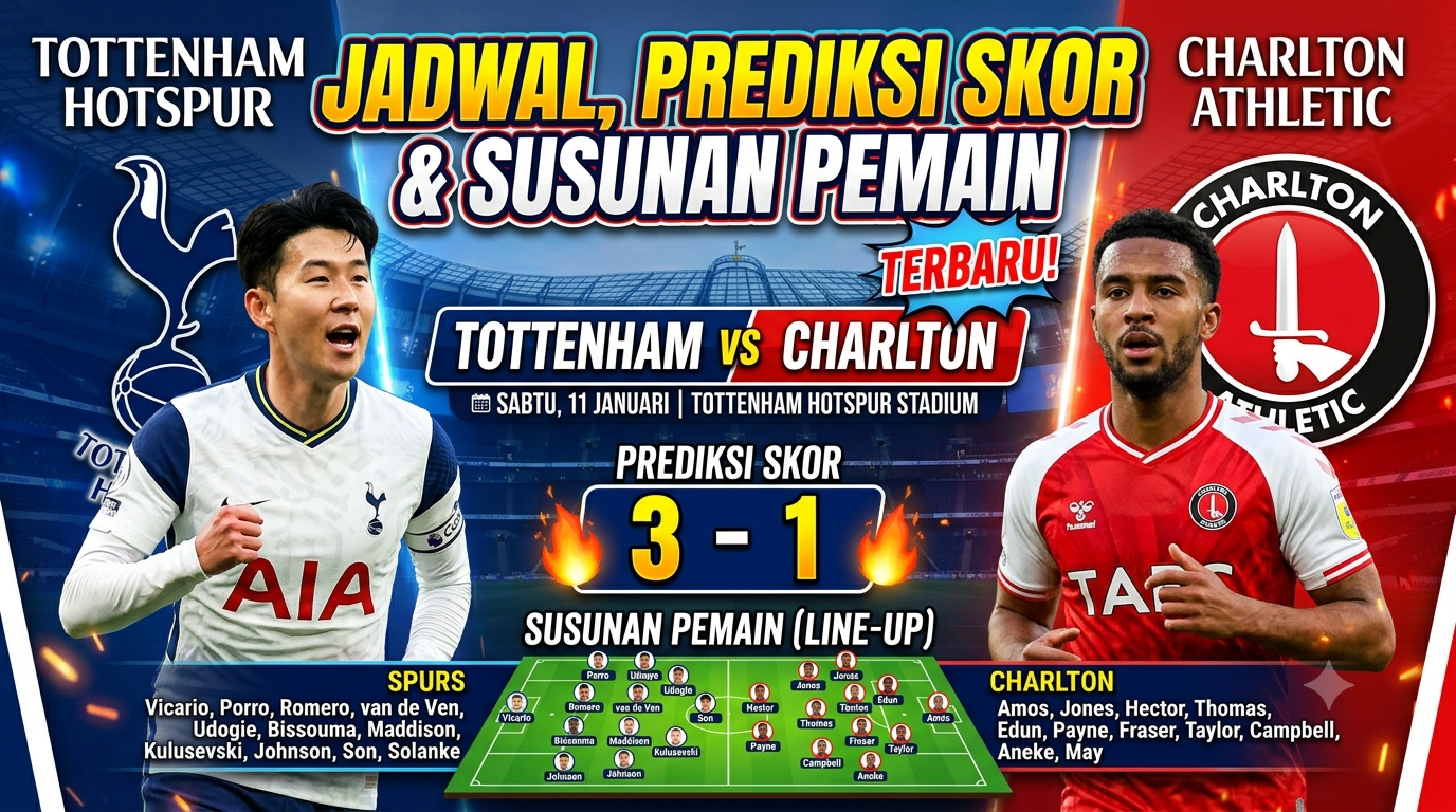 Jadwal Tottenham vs Charlton Terbaru, Prediksi Skor dan Susunan Pemain