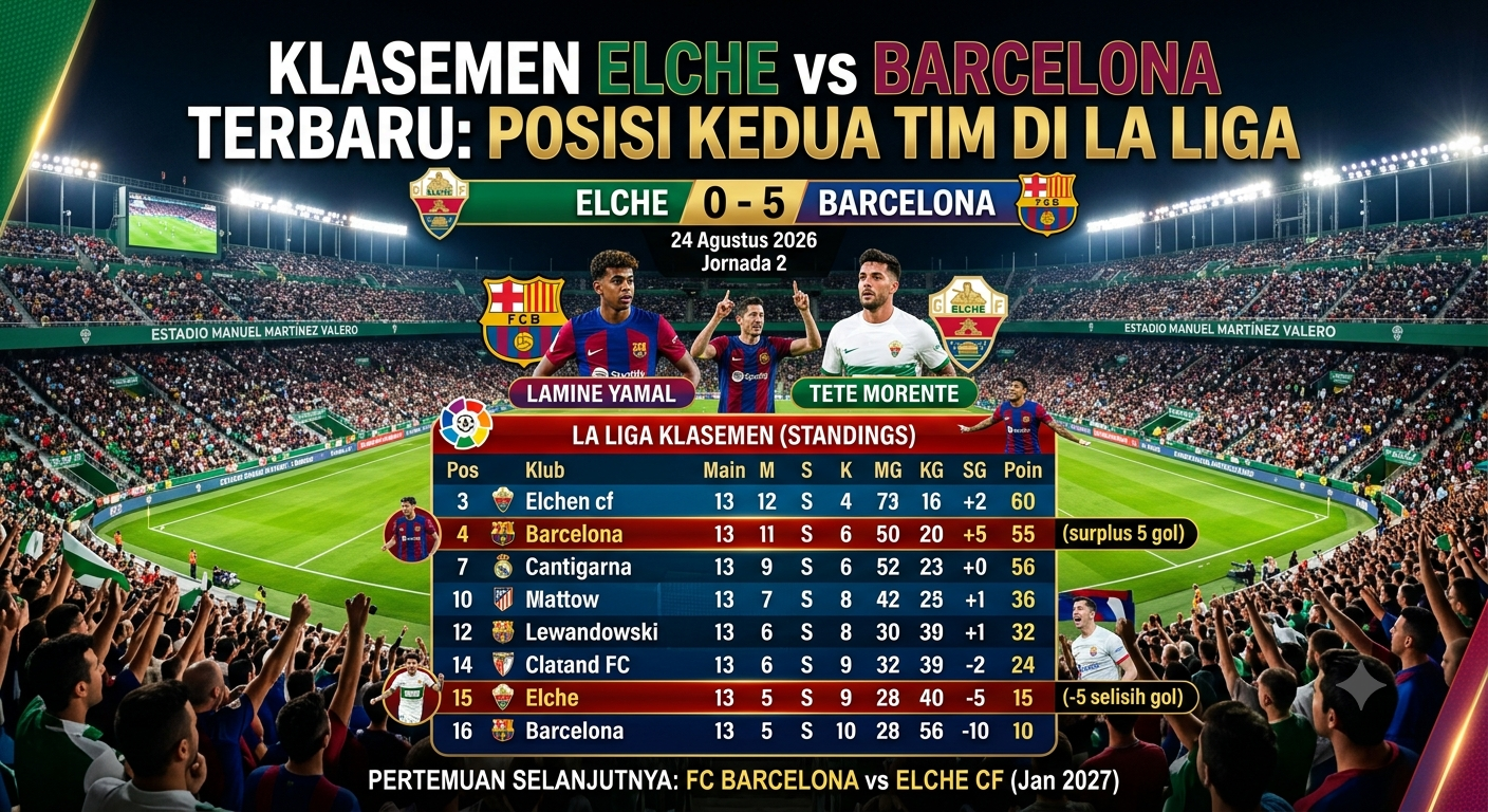Klasemen Elche vs Barcelona Terbaru: Posisi Kedua Tim di La Liga