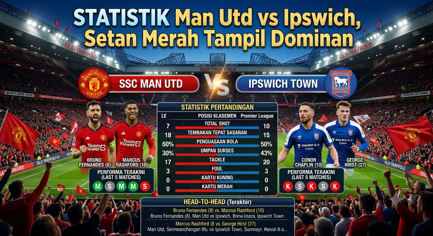 Statistik Man Utd vs Ipswich, Setan Merah Tampil Dominan
