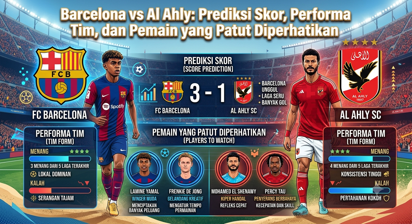 Barcelona vs Al Ahly: Prediksi Skor, Performa Tim, dan Pemain yang Patut DiperhatikanBarcelona vs Al Ahly: Prediksi Skor, Performa Tim, dan Pemain yang Patut Diperhatikan
