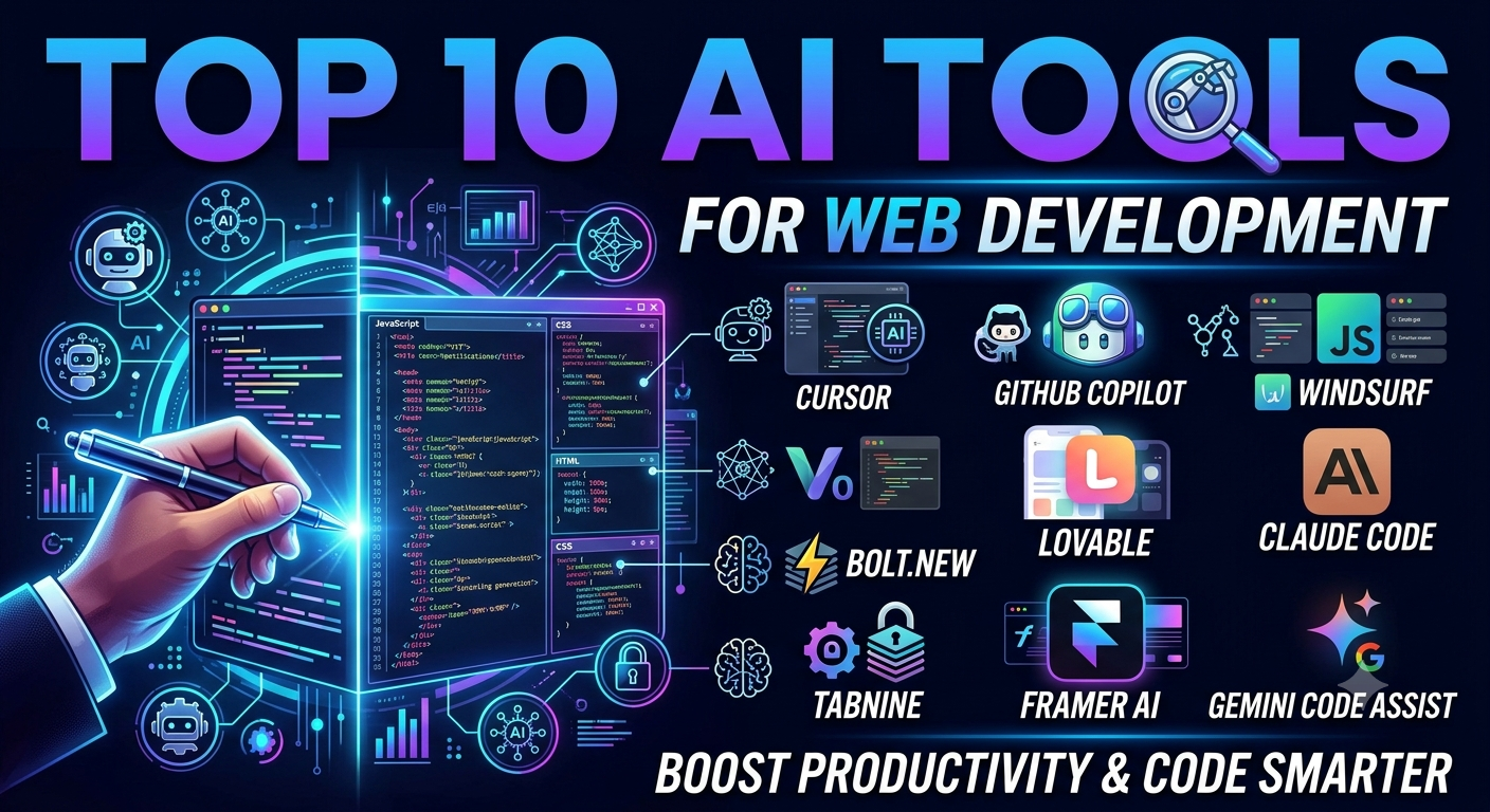 Artificial intelligence has transformed web development from a manual, line-by-line coding process into a collaborative, high-speed engineering workflow. Modern developers leverage AI to eliminate repetitive boilerplate, generate production-ready UI components, refactor legacy code bases, and automatically debug full-stack applications.Whether you are a solo developer launching MVPs in hours or an enterprise engineering team optimizing sprint performance, choosing the right AI tools is critical. This comprehensive guide reviews the top 10 AI tools for web development, examining their core capabilities, target use cases, and key advantages.Quick Comparison: Best AI Web Development Tools ToolPrimary FocusBest ForKey AdvantageCursorAI-Native IDEFull-Stack DevelopersDeep codebase context and multi-file code editingGitHub CopilotInline AutocompleteDaily Productivity & TeamsSeamless integration across major code editorsv0 by VercelGenerative UIFrontend & React EngineersHigh-quality React & Tailwind CSS component outputWindsurfAgentic IDEInteractive Pair ProgrammingProactive multi-file reasoning via "Cascade" agentLovableFull-Stack App BuilderRapid MVP PrototypingInstant web app creation with integrated backend toolsClaude CodeTerminal AI AgentComplex Refactoring & AuditsAutonomous, CLI-driven end-to-end task executionBolt.newBrowser-Based IDEZero-Setup PrototypingFull-stack WebContainer environment directly in the browserTabninePrivate Code CompletionEnterprise & Security TeamsOn-premises deployment and zero data retention guaranteesFramer AIVisual Web BuilderMarketers & DesignersText-to-website publishing without writing codeGemini Code AssistEnterprise Developer AICloud & Multi-Language ProjectsLarge context window and deep Google Cloud integrationDetailed Analysis of the Top 10 AI Web Development Tools1. Cursor: The AI-Native Code Editor Cursor is a fork of Visual Studio Code built from the ground up to integrate modern large language models directly into the editing experience. Unlike basic extension-based autocompletes, Cursor maintains an indexed map of your entire repository.Key Features: Composer Mode: Describe complex features in natural language, and Cursor will generate, modify, and apply edits across multiple files simultaneously. Codebase Indexing: Contextually aware answers based on your actual project structure, dependencies, and local environment.Privacy Control: Offers local indexing options and strict privacy modes so proprietary code remains confidential.Why Developers Love It: It retains compatibility with all VS Code extensions while drastically reducing the time needed to refactor backend routing or write frontend UI logic.2. GitHub Copilot: The Industry Standard AssistantPowered by OpenAI models and trained on billions of lines of public code, GitHub Copilot remains the default AI extension for millions of web developers worldwide.Key Features: Real-time Suggestions: Provides context-aware code completions as you type in JavaScript, TypeScript, Python, HTML, CSS, and dozens of other languages.Copilot Chat: In-editor chat panel to explain functions, generate unit test suites, and fix syntax errors inline.Pull Request Summaries: Automatically writes descriptive summaries for GitHub pull requests based on diff analysis.Why Developers Love It: It integrates effortlessly into VS Code, JetBrains IDEs, and Neovim, making it ideal for developers who want quick, reliable autocomplete without changing their editor.3. v0 by Vercel: Prompt-to-UI Component GeneratorDeveloped by Vercel, v0 utilizes generative AI to turn text prompts or visual wireframes into styled React and HTML code. Key Features: Production-Ready Code: Outputs modern React components styled with Tailwind CSS and accessible UI primitives (e.g., Shadcn UI). Figma & Image Conversion: Upload a screenshot or design mock, and v0 will reproduce the interface layout in code.Conversational Iteration: Refine layout spacing, colors, animations, and state behavior through follow-up prompts. Why Developers Love It: Front-end developers can bypass hours of manual UI scaffolding and export clean code directly into Next.js applications.4. Windsurf: Agentic Pair Programming Windsurf (developed by Codeium) brings an "agentic" workflow to web development. Its core engine, Cascade, works alongside the developer by tracking active tabs, terminal output, and file changes. Key Features: Cascade AI Flow: Proactively anticipates upcoming tasks, suggests next steps, and applies multi-file changes. Command Execution: Runs terminal commands, tests code output, and diagnoses build failures automatically.Deep Rules & Memory: Allows teams to define project-specific coding guidelines that the AI strictly adheres to.Why Developers Love It: It creates a collaborative "flow state" where the AI acts as an active pair programmer rather than a passive text generator.5. Lovable: Rapid Full-Stack App CreatorLovable focuses on turning ideas into fully functional web applications through natural language interaction.Key Features: Full-Stack Capability: Integrates frontend design with backend infrastructure such as Supabase for database management and authentication. Visual Editor: Click and modify design elements directly on screen while the AI updates the underlying code. Instant Deployment: Publish web apps with public URLs in a single click. Why Developers Love It: Startup founders, product managers, and full-stack developers can build working MVPs and dashboard interfaces without manual setup.6. Claude Code: Command-Line Autonomous DeveloperClaude Code is Anthropic's agentic development tool operated entirely through the terminal interface. Key Features: Terminal-Native Agent: Scans your project directory, parses git logs, runs test suites, and writes code directly through command-line interaction.Autonomous Problem Solving: Given a goal like "implement user authentication with JWT," Claude Code creates an execution plan, edits necessary files, and verifies the solution. Complex Refactoring: Excels at architectural changes across large codebases due to its massive context window. Why Developers Love It: Senior engineers and backend developers can delegate tedious refactoring and bug-fixing tasks directly to a command-line agent.7. Bolt.new: In-Browser Full-Stack EnvironmentBuilt on StackBlitz's WebContainer technology, Bolt.new allows developers to prompt, build, execute, and deploy full-stack Node.js applications directly inside a web browser.Key Features: Zero Setup Required: No need to install local npm packages, terminal dependencies, or local servers.Live Preview: Renders application changes in real time within an embedded browser window.Full Ecosystem Support: Supports modern modern frameworks including React, Vue, Svelte, Next.js, and Vite.Why Developers Love It: Perfect for rapid prototyping, reproducing bugs in clean environments, or trying out new web frameworks instantaneously.8. Tabnine: Privacy-First AI CompletionFor developers working under strict enterprise compliance or privacy regulations, Tabnine provides a secure, privacy-centric AI coding assistant.Key Features: Isolated Training Models: Can be trained exclusively on your private code repositories without exposing data to public models.Air-Gapped Deployment: Supports on-premises host environments and virtual private clouds (VPC).IP Indemnification: Protects businesses against potential copyright claims by guaranteeing no open-source license violations.Why Developers Love It: Financial institutions, healthcare platforms, and enterprise legal teams can leverage AI coding benefits without violating compliance standard regulations.9. Framer AI: Visual Web Design & PublishingFramer AI bridges the gap between digital design and production-ready web publishing.Key Features: Prompt-to-Website: Generates complete responsive landing pages, typography pairs, and color palettes from textual prompts. Advanced Micro-Interactions: Includes built-in support for scroll effects, 3D transformations, and smooth component animations.Integrated CMS & SEO: Provides built-in hosting, content management systems, and automatic SEO optimization tools. Why Developers Love It: Ideal for agencies and front-end designers building marketing sites, portfolio projects, and SaaS landing pages without custom backend code.10. Gemini Code Assist: Enterprise IntelligencePowered by Google's advanced Gemini models, Gemini Code Assist offers massive context windows designed for complex cloud and web applications.Key Features: Massive Context Understanding: Analyzes vast codebases to handle large-scale cross-file dependencies and documentation processing.Google Cloud Integration: Seamlessly assists with cloud deployments, serverless functions, and database connectivity.Multi-IDE Support: Available as an extension for VS Code, JetBrains, and Google Cloud Workstations.Why Developers Love It: Highly effective for web applications deployed on cloud infrastructure, providing deep architectural reasoning and multi-language support.How to Choose the Right AI Web Development ToolWhen selecting AI tools for your stack, consider the following parameters:Development Stage: For preliminary visual design and wireframing, use tools like v0 or Framer AI. For writing full-stack application code, select Cursor, Windsurf, or GitHub Copilot.Privacy Requirements: If strict data security rules apply, opt for enterprise-grade solutions like Tabnine.Task Complexity: Use terminal agents like Claude Code for large refactoring projects, and browser-based sandboxes like Bolt.new for quick testing. Integrating AI into your web development workflow does not replace software engineering fundamentals; rather, it amplifies developer output. By automating repetitive code generation and streamlining debugging, these top 10 AI tools enable developers to focus on higher-level architecture, security, and user experience.