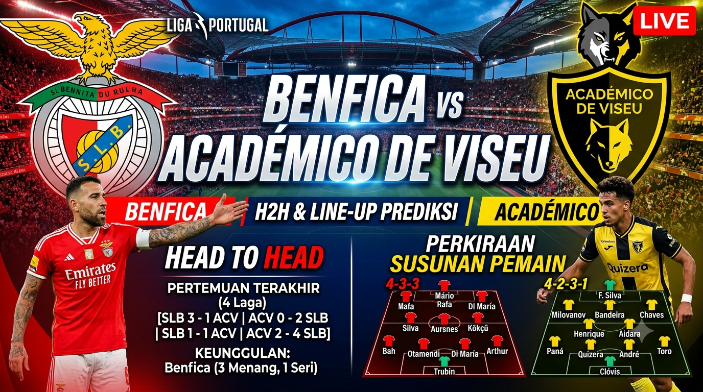 Benfica vs Academico de Viseu: Head to Head dan Perkiraan Susunan Pemain