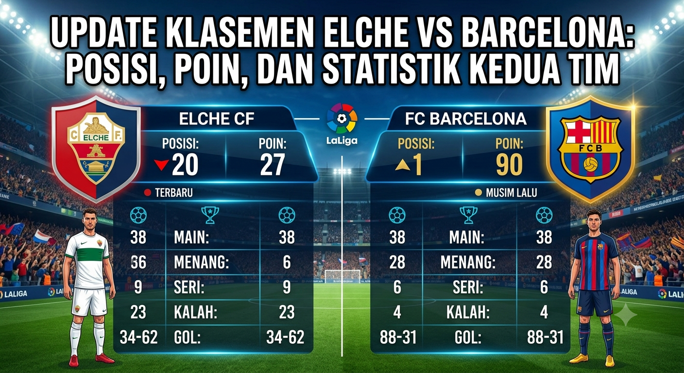Update Klasemen Elche vs Barcelona: Posisi, Poin, dan Statistik Kedua Tim