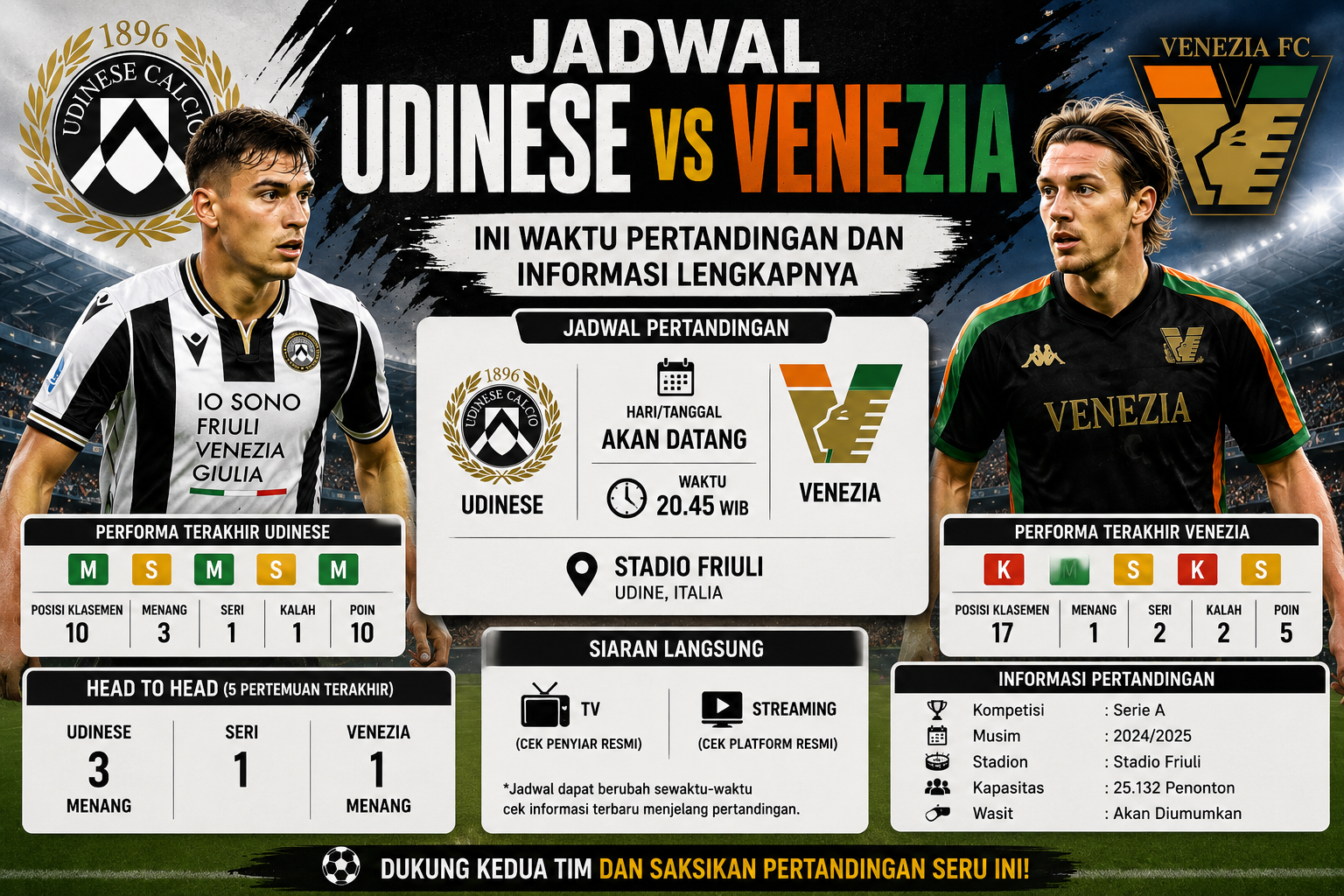 Jadwal Udinese vs Venezia, Ini Waktu Pertandingan dan Informasi Lengkapnya