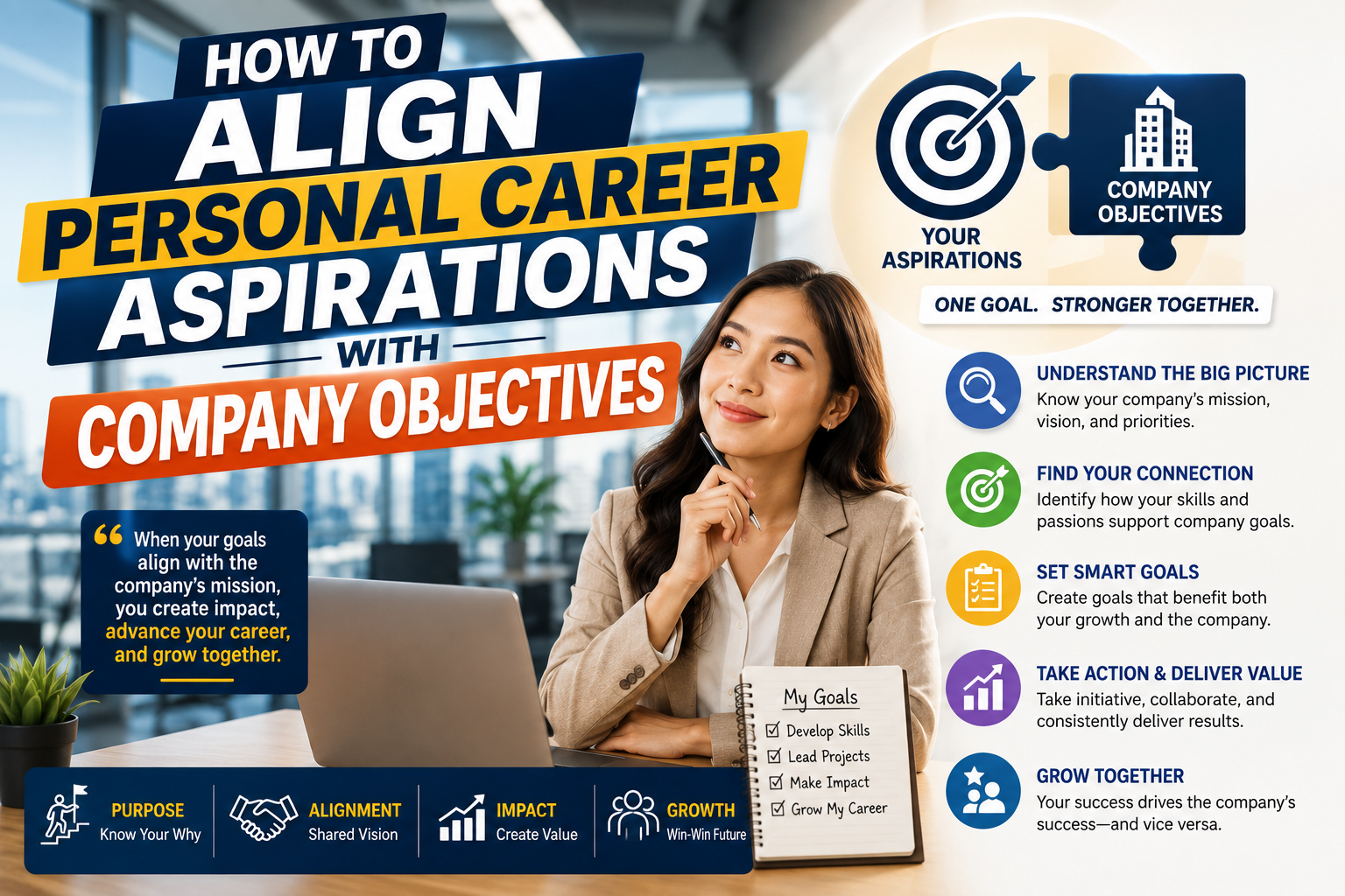Aligning your personal career aspirations with your company’s objectives is one of the most effective strategies for long-term professional growth and workplace satisfaction. When your individual goals match the direction of your organization, work stops feeling like a series of transactional tasks and transforms into a meaningful journey where both you and your employer win.This comprehensive guide explores why alignment matters, how to identify shared opportunities, and actionable strategies to map your personal career growth directly to your company's strategic vision.Why Alignment Between Personal Goals and Company Objectives MattersMany professionals view career growth and corporate success as two separate tracks. However, operating in a silo often leads to burnout, disengagement, and stagnant progression. Merging your personal ambition with company targets creates a powerful synergy.1. Accelerated Career ProgressionWhen your achievements directly drive business outcomes, your value to the organization becomes measurable and unmistakable. Decision-makers naturally notice employees who solve core business challenges, making promotions, salary reviews, and high-visibility projects much easier to secure.2. Enhanced Job Satisfaction and PurposeWorking toward a larger mission provides a sense of ownership. Understanding how your daily effort moves the needle on company key performance indicators (KPIs) adds intrinsic value to your daily tasks.3. Increased Professional ResilienceCompanies continuously evolve through market shifts, reorgs, and digital transformations. Employees who align their personal skill development with future corporate strategies remain adaptable, indispensable, and highly employable.Step 1: Clarify Your Personal Career AspirationsBefore you can align with an organization, you must have absolute clarity on what you want out of your career. Without self-awareness, attempting to align with company goals can lead to adopting goals that aren't genuinely yours.Assess Your Core MotivatorsAsk yourself the following fundamental questions:Skill Acquisition: What specific technical or soft skills do I want to master over the next 12 to 36 months?Leadership Aspirations: Do I want to manage people, oversee complex processes, or become an individual contributor expert?Industry Impact: What kind of problems do I genuinely enjoy solving?Work-Life Values: What environment enables me to perform at my peak (e.g., autonomy, cross-functional collaboration, strategic execution)?Define Your 3-Year VisionWrite down a clear vision of where you want to be in three years. Focus on competencies, scope of influence, and project complexity rather than just job titles.Step 2: Decode Your Company’s Strategic ObjectivesCompanies communicate their priorities constantly, but employees often miss the signal through the noise. To align effectively, you must learn how to read your organization's strategic landscape.+-------------------------------------------------------------------+ | COMPANY OBJECTIVES & VISION | +-------------------------------------------------------------------+ | v +-------------------------------------------------------------------+ | DEPARTMENTAL KPIs & TEAM TARGETS | +-------------------------------------------------------------------+ | v +-------------------------------------------------------------------+ | YOUR PERSONAL SKILLS & CAREER GOALS | +-------------------------------------------------------------------+ Where to Find Strategic PrioritiesTown Halls and All-Hands Meetings: Pay close attention to executive presentations, financial quarters reviews, and annual roadmaps.Corporate Mission & Value Statements: Understand the core tenets guiding executive decision-making.Internal KPIs and OKRs: Review team-level Objectives and Key Results (OKRs) to see where resource allocation is heading.Company Annual Reports or Press Releases: For public companies, these documents reveal strategic bets, expansion plans, and risk factors.Step 3: Identify the Intersection (The Alignment Matrix)Once you understand both sides of the equation, map where your personal interests overlap with business needs.Personal Career AspirationCompany Strategic NeedAligned Strategic ActionWanting to gain experience in data analyticsCompany needs better customer retention insightsVolunteer to build automated churn prediction dashboards for your team.Aiming to step into a leadership roleCompany expanding into a new regional marketOffer to lead a cross-functional project task force for the rollout.Developing public speaking and branding skillsCompany focusing on employer branding and recruitmentRepresent the company at industry webinars and career fairs.Look for "white space"—unaddressed problems in the company that match skills you want to build. Solving an unassigned problem that aligns with corporate strategy is the fastest way to showcase leadership.Step 4: Communicate and Collaborate with Your ManagerYour direct manager is your primary ally in achieving professional alignment. Managers are tasked with meeting team quotas, but great managers also want to retain top talent by supporting career development.Frame the Conversation ProductivelyAvoid framing request conversations purely around personal benefit (e.g., "I want to learn project management so I can get promoted"). Instead, frame them through mutual value:"I am eager to develop advanced project management competencies this year. I noticed our team is struggling with cross-departmental delivery timelines. I would love to take ownership of organizing our upcoming project workflow to streamline delivery while building my skills in this area."Key Talking Points for 1-on-1sShare your medium-term career aspirations openly.Ask your manager about the biggest bottlenecks facing the department over the next six months.Propose specific initiatives where your growth goals directly address those bottlenecks.Establish clear benchmarks to evaluate success.Step 5: Execute with Intent and Measure ResultsAlignment is an ongoing process of execution, measurement, and adaptation. Once you have identified aligned initiatives, focus on delivering measurable impact.Focus on High-Impact DeliverablesPrioritize work that moves major company metrics. If a personal passion project does not contribute to core business metrics, treat it as a secondary initiative or re-evaluate its immediate relevance.Track Your MetricsKeep a dedicated document (a "brag sheet" or impact log) tracking your contributions:Revenue/Efficiency: Did your project save hours, reduce costs, or increase sales?Leadership/Mentorship: Did you onboard new team members or run internal workshops?Skill Progression: What tools or methodologies did you master during execution?Common Pitfalls to AvoidOver-compromising Your Values: Do not force alignment with company goals that conflict with your core ethics or long-term career trajectory.Passive Expectation: Assuming management will figure out your career path for you. You must drive your own development.Ignoring Market Trends: Ensure that the skills you build within your company are transferable and relevant across the broader industry.ConclusionAligning your personal career aspirations with company objectives transforms your professional growth from a passive wait for promotion into an active, strategic partnership. By understanding company goals, identifying overlapping opportunities, communicating proactively with leadership, and consistently delivering measurable results, you create a sustainable model for career advancement that benefits both you and your organization.