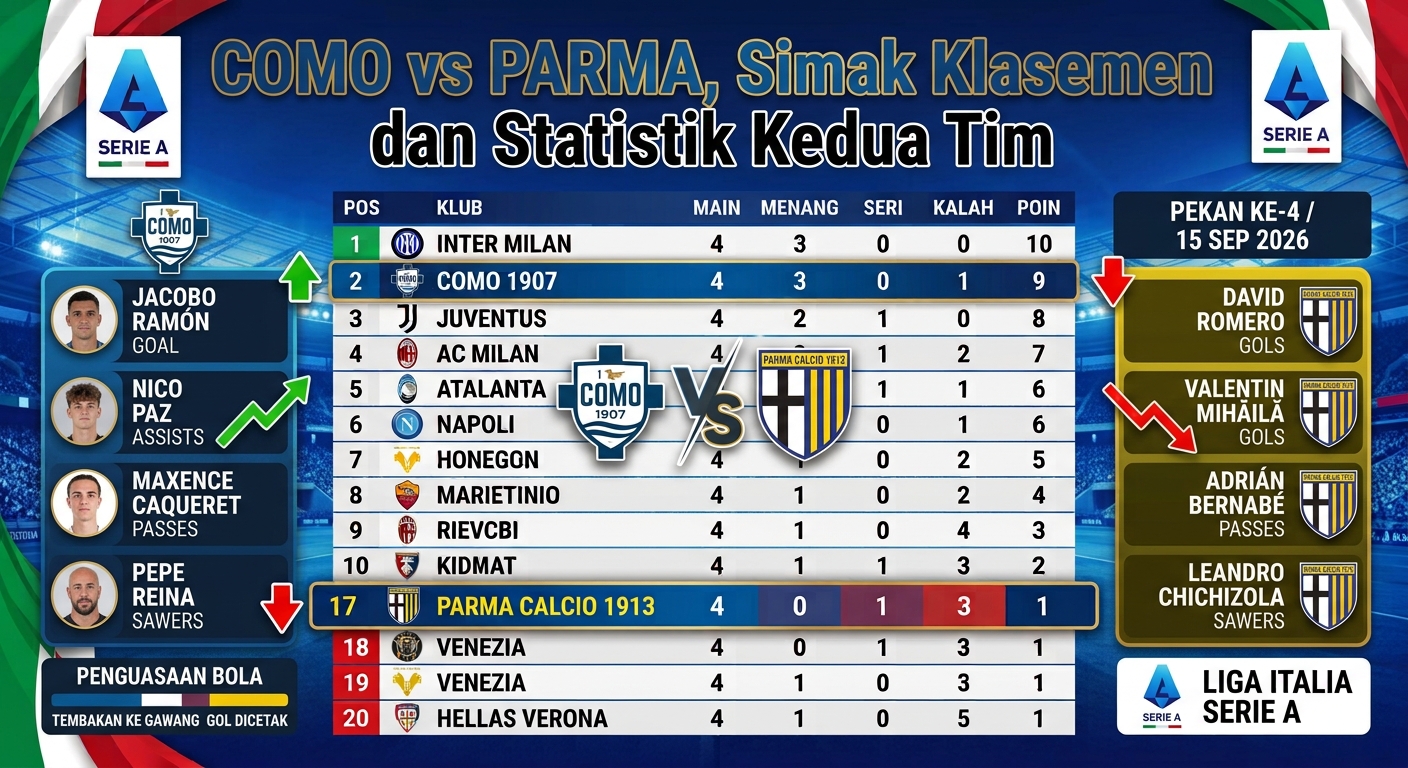 Como vs Parma, Simak Klasemen dan Statistik Kedua Tim