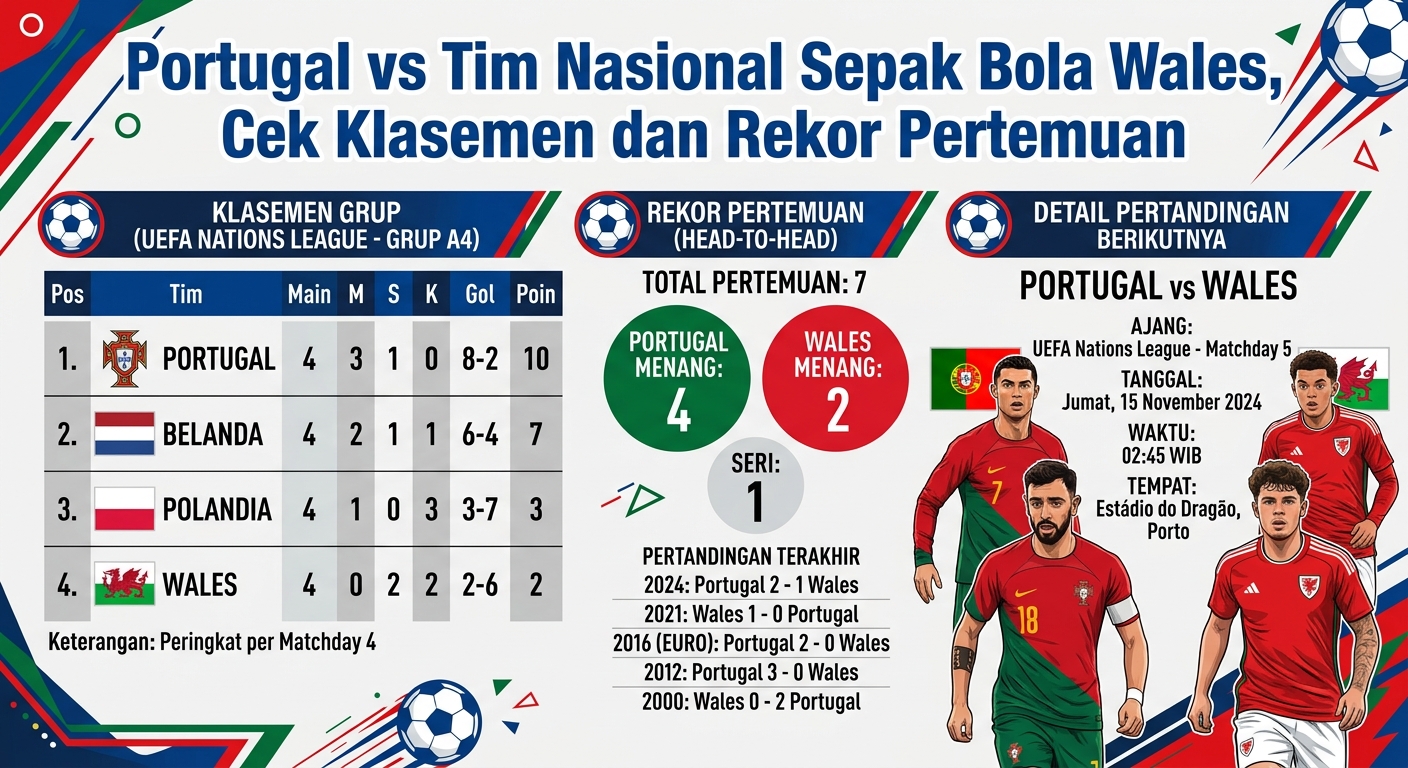 Portugal vs Tim Nasional Sepak Bola Wales, Cek Klasemen dan Rekor Pertemuan