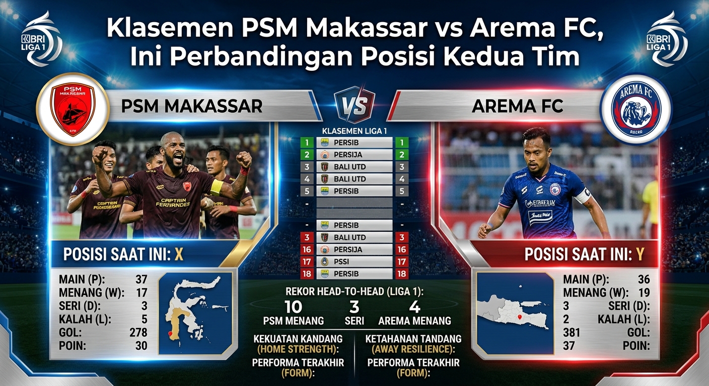 Klasemen PSM Makassar vs Arema FC, Ini Perbandingan Posisi Kedua Tim