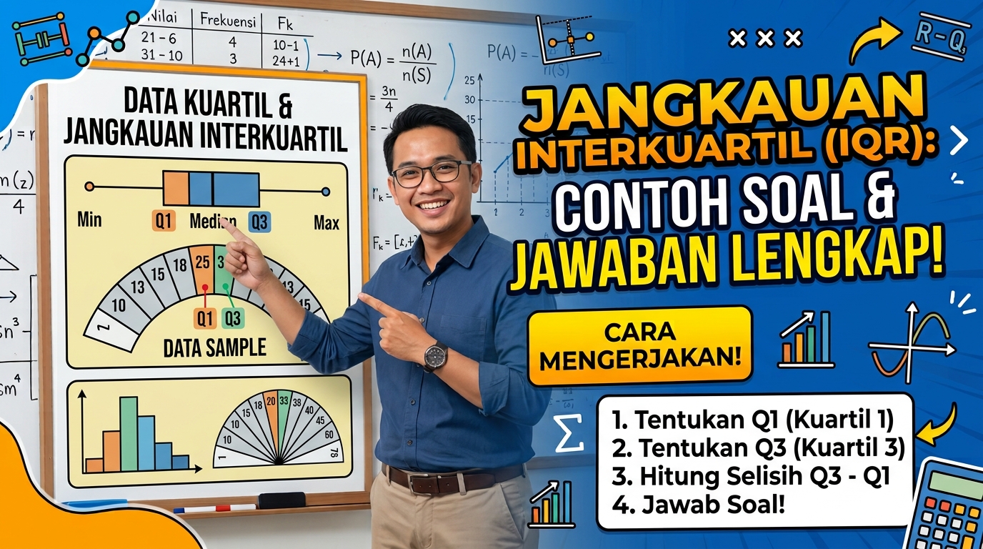 Jangkauan interkuartil merupakan salah satu materi penting dalam statistika yang digunakan untuk mengetahui seberapa besar penyebaran data pada bagian tengah. Materi ini biasanya dipelajari bersama ukuran penyebaran data lainnya, seperti jangkauan, simpangan kuartil, varians, dan simpangan baku. Bagi sebagian siswa, cara menghitung jangkauan interkuartil mungkin terlihat cukup rumit karena harus menentukan kuartil bawah dan kuartil atas terlebih dahulu. Padahal, jika data sudah diurutkan dengan benar dan rumusnya dipahami, proses pengerjaannya cukup sederhana. Artikel ini akan membahas pengertian jangkauan interkuartil, rumus jangkauan interkuartil, langkah-langkah menghitungnya, serta beberapa contoh soal jangkauan interkuartil lengkap dengan cara mengerjakannya. Apa Itu Jangkauan Interkuartil? Jangkauan interkuartil atau interquartile range (IQR) adalah selisih antara kuartil atas atau kuartil ketiga (Q3) dan kuartil bawah atau kuartil pertama (Q1). Jangkauan interkuartil digunakan untuk mengetahui penyebaran 50 persen data yang berada di bagian tengah suatu kumpulan data. Dengan kata lain, jangkauan interkuartil tidak memperhitungkan seluruh nilai dalam data. Nilai yang berada pada bagian paling rendah dan paling tinggi tidak menjadi fokus utama. Oleh karena itu, jangkauan interkuartil cukup berguna ketika terdapat nilai ekstrem atau pencilan (outlier). Rumus jangkauan interkuartil adalah: IQR = Q3 − Q1 Keterangan: IQR = jangkauan interkuartil Q1 = kuartil bawah Q3 = kuartil atas Semakin besar nilai IQR, semakin besar pula penyebaran 50 persen data bagian tengah. Sebaliknya, nilai IQR yang lebih kecil menunjukkan bahwa data bagian tengah cenderung lebih berdekatan. Apa Perbedaan Jangkauan dan Jangkauan Interkuartil? Jangkauan dan jangkauan interkuartil sama-sama digunakan untuk mengukur penyebaran data, tetapi keduanya memiliki cara perhitungan yang berbeda. Jangkauan atau range diperoleh dengan mengurangi nilai terbesar dengan nilai terkecil. Rumusnya: Jangkauan = Data terbesar − Data terkecil Sementara itu, jangkauan interkuartil diperoleh dari selisih antara kuartil ketiga dan kuartil pertama. IQR = Q3 − Q1 Perbedaan lainnya terletak pada data yang digunakan. Jangkauan memperhitungkan nilai paling kecil dan paling besar, sedangkan jangkauan interkuartil berfokus pada 50 persen data di bagian tengah. Karena tidak menggunakan nilai ekstrem secara langsung, jangkauan interkuartil dapat memberikan gambaran penyebaran data yang lebih stabil ketika suatu kumpulan data memiliki pencilan. Rumus Jangkauan Interkuartil Secara sederhana, rumus jangkauan interkuartil adalah: IQR = Q3 − Q1 Namun, sebelum menggunakan rumus tersebut, kita harus mengetahui nilai Q1 dan Q3. Untuk data tunggal, posisi kuartil dapat ditentukan dengan rumus: Posisi Q1 = 1/4 (n + 1) Posisi Q3 = 3/4 (n + 1) Keterangan: n adalah banyaknya data. Perlu diperhatikan bahwa beberapa buku atau metode pembelajaran dapat menggunakan pendekatan posisi kuartil yang sedikit berbeda. Oleh karena itu, saat mengerjakan soal sekolah, gunakan metode yang sesuai dengan rumus yang diajarkan oleh guru atau buku pelajaran. Langkah-Langkah Menghitung Jangkauan Interkuartil Untuk menghitung jangkauan interkuartil pada data tunggal, terdapat beberapa langkah yang dapat dilakukan. 1. Urutkan Data Susun data dari nilai terkecil hingga terbesar. 2. Tentukan Banyak Data Hitung jumlah seluruh data dan nyatakan sebagai n. 3. Tentukan Q1 Cari kuartil bawah atau Q1 menggunakan metode yang sesuai. 4. Tentukan Q3 Cari kuartil atas atau Q3. 5. Hitung IQR Kurangkan Q1 dari Q3 menggunakan rumus: IQR = Q3 − Q1 Agar lebih mudah dipahami, simak beberapa contoh soal berikut. Contoh Soal Menghitung Jangkauan Interkuartil Data Tunggal Contoh Soal 1 Diketahui data nilai ulangan matematika sebagai berikut: 60, 70, 75, 80, 65, 90, 85, 75, 95 Tentukan jangkauan interkuartil dari data tersebut! Cara Mengerjakan Langkah 1: Urutkan data Data harus diurutkan dari yang terkecil hingga terbesar: 60, 65, 70, 75, 75, 80, 85, 90, 95 Jumlah data: n = 9 Karena jumlah data adalah 9, nilai median berada pada posisi ke-5. Data dapat dibagi menjadi: Bagian bawah: 60, 65, 70, 75 Nilai Q1 diperoleh dari median bagian bawah: Q1 = (65 + 70) / 2 Q1 = 135 / 2 Q1 = 67,5 Bagian atas: 80, 85, 90, 95 Nilai Q3 diperoleh dari median bagian atas: Q3 = (85 + 90) / 2 Q3 = 175 / 2 Q3 = 87,5 Selanjutnya, hitung jangkauan interkuartil: IQR = Q3 − Q1 IQR = 87,5 − 67,5 IQR = 20 Jadi, jangkauan interkuartil data tersebut adalah 20. Contoh Soal 2 Perhatikan data berikut: 12, 15, 18, 20, 22, 25, 28, 30, 32, 35, 38 Tentukan nilai Q1, Q3, dan jangkauan interkuartilnya! Pembahasan Data sudah tersusun dari terkecil hingga terbesar. Jumlah data: n = 11 Nilai tengah atau median berada pada posisi ke-6, yaitu 25. Data bagian bawah: 12, 15, 18, 20, 22 Median dari lima data tersebut adalah: Q1 = 18 Data bagian atas: 28, 30, 32, 35, 38 Median dari lima data tersebut adalah: Q3 = 32 Maka: IQR = Q3 − Q1 IQR = 32 − 18 IQR = 14 Jadi, jangkauan interkuartilnya adalah 14. Contoh Soal 3 dengan Jumlah Data Genap Jangkauan interkuartil juga dapat dihitung pada data yang memiliki jumlah anggota genap. Misalnya diketahui data: 10, 12, 15, 18, 20, 22, 25, 28 Tentukan jangkauan interkuartilnya! Cara Mengerjakan Data sudah terurut sehingga kita dapat langsung menentukan bagian bawah dan bagian atas. Jumlah data: n = 8 Karena jumlah data genap, data dibagi menjadi dua kelompok yang sama banyak. Bagian bawah: 10, 12, 15, 18 Bagian atas: 20, 22, 25, 28 Cari median bagian bawah: Q1 = (12 + 15) / 2 Q1 = 27 / 2 Q1 = 13,5 Kemudian cari median bagian atas: Q3 = (22 + 25) / 2 Q3 = 47 / 2 Q3 = 23,5 Jangkauan interkuartil: IQR = Q3 − Q1 IQR = 23,5 − 13,5 IQR = 10 Jadi, jangkauan interkuartil data tersebut adalah 10. Contoh Soal 4 Nilai berat badan sekelompok siswa dalam kilogram adalah: 42, 45, 48, 50, 51, 53, 55, 57, 60, 62, 65, 68 Hitunglah jangkauan interkuartil data tersebut! Pembahasan Jumlah data adalah 12. Karena jumlah data genap, data dapat dibagi menjadi dua bagian. Data bagian bawah: 42, 45, 48, 50, 51, 53 Data bagian atas: 55, 57, 60, 62, 65, 68 Q1 adalah median dari bagian bawah. Karena terdapat enam data, median diperoleh dari rata-rata data ke-3 dan ke-4: Q1 = (48 + 50) / 2 Q1 = 98 / 2 Q1 = 49 Selanjutnya, Q3 adalah median bagian atas: Q3 = (60 + 62) / 2 Q3 = 122 / 2 Q3 = 61 Maka: IQR = Q3 − Q1 IQR = 61 − 49 IQR = 12 Jadi, jangkauan interkuartil data berat badan tersebut adalah 12 kilogram. Contoh Soal Jangkauan Interkuartil dengan Data yang Memiliki Nilai Sama Nilai yang sama tidak mengubah prinsip perhitungan jangkauan interkuartil. Semua data tetap harus dituliskan dan diurutkan. Contoh: 5, 7, 7, 8, 10, 10, 12, 13, 15 Tentukan jangkauan interkuartilnya! Penyelesaian Data sudah terurut. Jumlah data: n = 9 Nilai tengah adalah data ke-5, yaitu 10. Bagian bawah: 5, 7, 7, 8 Maka: Q1 = (7 + 7) / 2 Q1 = 7 Bagian atas: 10, 12, 13, 15 Maka: Q3 = (12 + 13) / 2 Q3 = 12,5 Jangkauan interkuartil: IQR = 12,5 − 7 IQR = 5,5 Jadi, jangkauan interkuartilnya adalah 5,5. Bagaimana Cara Menentukan Q1 dan Q3? Kesalahan yang cukup sering terjadi dalam soal jangkauan interkuartil adalah siswa langsung mengurangkan dua nilai tanpa menentukan Q1 dan Q3 dengan tepat. Pada dasarnya, Q1 menunjukkan batas yang memisahkan sekitar 25 persen data terbawah dari data lainnya. Sementara itu, Q3 menunjukkan batas yang memisahkan sekitar 75 persen data terbawah dari keseluruhan data. Secara sederhana: Q1 = kuartil pertama atau kuartil bawah Q2 = median Q3 = kuartil ketiga atau kuartil atas Hubungannya dapat digambarkan sebagai berikut: 25% data | Q1 | 25% data | Q2 | 25% data | Q3 | 25% data Jangkauan interkuartil berada di antara Q1 dan Q3 sehingga mencakup bagian tengah data. Mengapa Jangkauan Interkuartil Penting? Jangkauan interkuartil memiliki beberapa kegunaan dalam analisis data. Pertama, IQR dapat digunakan untuk melihat tingkat penyebaran data bagian tengah. Jika IQR kecil, nilai-nilai pada bagian tengah cenderung berdekatan. Kedua, IQR relatif tidak terpengaruh oleh nilai ekstrem. Misalnya, terdapat data yang sebagian besar berada di sekitar angka 50, tetapi ada satu nilai yang sangat tinggi. Nilai ekstrem tersebut dapat memengaruhi jangkauan biasa, tetapi tidak secara langsung menentukan IQR. Ketiga, jangkauan interkuartil dapat digunakan dalam analisis pencilan. Salah satu metode yang umum digunakan adalah aturan IQR. Dalam metode tersebut, batas bawah dan batas atas dapat dihitung dengan: Batas bawah = Q1 − 1,5 × IQR Batas atas = Q3 + 1,5 × IQR Data yang berada di luar batas tersebut dapat dianggap sebagai kandidat pencilan berdasarkan aturan IQR. Namun, status pencilan tetap perlu dipahami berdasarkan konteks data dan metode analisis yang digunakan. Kesalahan yang Sering Terjadi Saat Menghitung Jangkauan Interkuartil Ada beberapa kesalahan yang perlu dihindari ketika mengerjakan soal. 1. Tidak Mengurutkan Data Data yang belum diurutkan dapat menyebabkan kesalahan dalam menentukan Q1 dan Q3. Karena itu, selalu susun data dari nilai terkecil hingga terbesar. 2. Salah Menentukan Median Median bagian bawah digunakan untuk menentukan Q1, sedangkan median bagian atas digunakan untuk menentukan Q3. Pastikan pembagian data dilakukan dengan benar. 3. Menggunakan Nilai Minimum dan Maksimum Jangkauan interkuartil bukanlah selisih antara nilai maksimum dan minimum. Rumusnya adalah: IQR = Q3 − Q1 Sementara nilai maksimum dikurangi minimum merupakan jangkauan atau range. 4. Lupa Menghitung Rata-Rata pada Jumlah Data Genap Jika bagian data yang digunakan untuk mencari kuartil memiliki jumlah anggota genap, median diperoleh dari rata-rata dua nilai tengah. 5. Salah Mengurangkan Q1 dan Q3 Pastikan Q3 berada pada posisi sebagai nilai yang lebih besar dibandingkan Q1. Rumus yang benar adalah: IQR = Q3 − Q1 Bukan Q1 − Q3. Tips Cepat Mengerjakan Soal Jangkauan Interkuartil Agar lebih mudah mengerjakan soal, ikuti pola berikut: Urutkan → Bagi Data → Cari Q1 → Cari Q3 → Kurangkan Pertama, urutkan seluruh data dari terkecil hingga terbesar. Kedua, bagi data menjadi kelompok bawah dan kelompok atas. Ketiga, cari median kelompok bawah untuk mendapatkan Q1. Keempat, cari median kelompok atas untuk mendapatkan Q3. Terakhir, gunakan rumus Q3 − Q1. Dengan mengikuti lima langkah tersebut, soal jangkauan interkuartil akan menjadi lebih mudah dikerjakan. Kesimpulan Jangkauan interkuartil adalah salah satu ukuran penyebaran data yang menunjukkan rentang dari 50 persen data yang berada di bagian tengah. Jangkauan interkuartil dihitung menggunakan selisih antara kuartil atas dan kuartil bawah. Rumus utamanya adalah: IQR = Q3 − Q1 Untuk menghitungnya, data harus terlebih dahulu diurutkan. Setelah itu, tentukan Q1 dan Q3 dengan membagi data menjadi bagian bawah dan bagian atas. Jika jumlah data pada bagian tersebut genap, median diperoleh dengan menghitung rata-rata dua nilai tengah. Jangkauan interkuartil berbeda dengan jangkauan biasa. Jangkauan menggunakan nilai terbesar dan terkecil, sedangkan jangkauan interkuartil menggunakan Q1 dan Q3. Karena berfokus pada bagian tengah data, IQR juga sering digunakan untuk membantu menganalisis penyebaran data dan mengidentifikasi kandidat pencilan. Dengan memahami konsep kuartil dan mengikuti langkah perhitungan secara berurutan, contoh soal menghitung jangkauan interkuartil dapat dikerjakan dengan lebih cepat dan tepat. Materi ini juga menjadi dasar penting untuk memahami analisis data dalam statistika, baik pada soal matematika sekolah maupun dalam pengolahan data yang lebih kompleks.