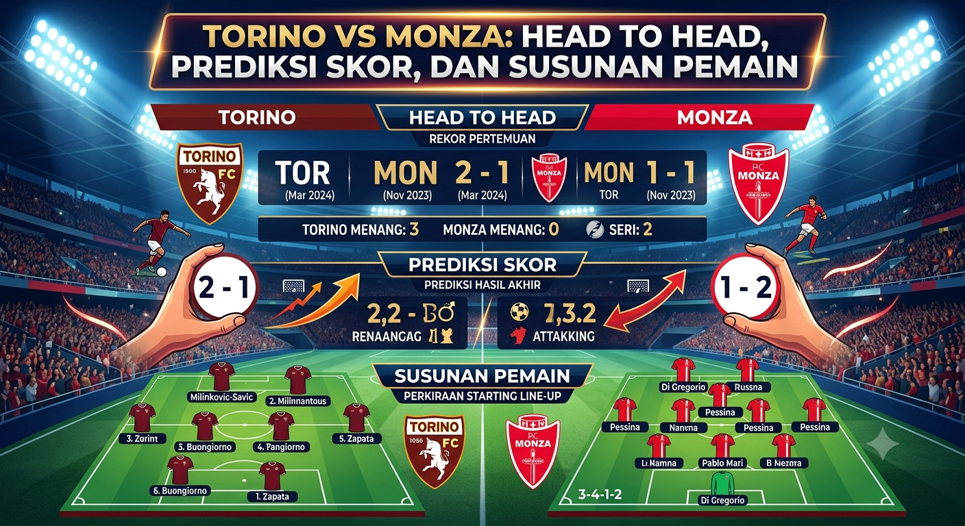 Torino vs Monza: Head to Head, Prediksi Skor, dan Susunan Pemain