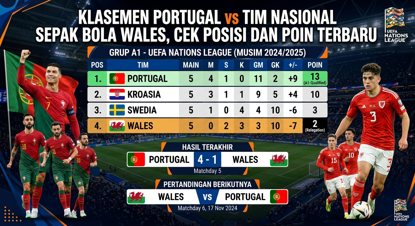 Klasemen Portugal vs Tim Nasional Sepak Bola Wales, Cek Posisi dan Poin Terbaru