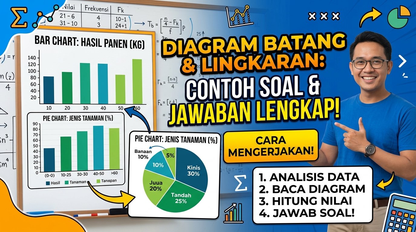 Diagram merupakan salah satu bentuk penyajian data yang sering digunakan dalam matematika. Dengan menggunakan diagram, data yang awalnya berbentuk angka atau tabel dapat ditampilkan secara visual sehingga lebih mudah dibaca dan dibandingkan. Dua jenis diagram yang cukup sering dipelajari di sekolah adalah diagram batang dan diagram lingkaran. Melalui diagram batang, data dapat dilihat berdasarkan tinggi atau panjang batang yang mewakili jumlah tertentu. Sementara itu, diagram lingkaran menyajikan data dalam bentuk lingkaran yang terbagi menjadi beberapa bagian atau sektor. Setiap bagian menunjukkan proporsi suatu kategori terhadap keseluruhan data. Untuk membantu memahami materi ini, artikel berikut membahas pengertian diagram batang dan diagram lingkaran, rumus yang digunakan, contoh soal diagram batang dan lingkaran, serta langkah-langkah mengerjakannya. Apa Itu Diagram Batang? Diagram batang adalah penyajian data menggunakan bentuk batang atau persegi panjang. Panjang atau tinggi setiap batang menunjukkan nilai dari data yang disajikan. Diagram batang biasanya digunakan untuk membandingkan beberapa kategori. Misalnya, jumlah siswa berdasarkan hobi, jumlah penjualan produk, jumlah pengunjung perpustakaan, atau hasil panen dalam beberapa bulan. Pada diagram batang, terdapat dua bagian penting, yaitu: Sumbu horizontal (sumbu X) yang biasanya digunakan untuk menunjukkan kategori. Sumbu vertikal (sumbu Y) yang digunakan untuk menunjukkan jumlah atau nilai data. Contohnya, jika sebuah diagram menunjukkan jumlah buku yang dipinjam siswa dalam satu minggu, kategori hari dapat ditempatkan pada sumbu X, sedangkan jumlah buku pada sumbu Y. Semakin tinggi batang pada suatu kategori, semakin besar pula nilai data tersebut. Apa Itu Diagram Lingkaran? Diagram lingkaran adalah bentuk penyajian data menggunakan sebuah lingkaran yang dibagi menjadi beberapa sektor. Setiap sektor mewakili bagian tertentu dari keseluruhan data. Diagram lingkaran sangat berguna untuk menunjukkan perbandingan bagian terhadap keseluruhan. Oleh karena itu, data pada diagram lingkaran biasanya berkaitan dengan persentase atau proporsi. Satu lingkaran penuh memiliki besar sudut: 360° Jika sebuah kategori memiliki jumlah tertentu dari keseluruhan data, besar sudut sektornya dapat dihitung menggunakan rumus: Sudut = (Jumlah kategori / Jumlah seluruh data) × 360° Sedangkan jika yang diketahui adalah besar sudut dan ingin mencari jumlah data, rumusnya dapat diubah menjadi: Jumlah kategori = (Sudut / 360°) × Jumlah seluruh data Selain menggunakan sudut, diagram lingkaran juga dapat dinyatakan dalam bentuk persentase dengan rumus: Persentase = (Jumlah kategori / Jumlah seluruh data) × 100% Perbedaan Diagram Batang dan Diagram Lingkaran Meskipun sama-sama digunakan untuk menyajikan data, diagram batang dan diagram lingkaran memiliki karakteristik yang berbeda. Diagram batang lebih cocok digunakan ketika ingin membandingkan nilai antar kategori secara langsung. Perbedaan tinggi batang dapat membuat kategori dengan nilai terbesar dan terkecil lebih mudah diketahui. Sementara itu, diagram lingkaran lebih cocok digunakan untuk melihat proporsi setiap kategori terhadap keseluruhan data. Sebagai contoh, data jumlah siswa berdasarkan ekstrakurikuler dapat ditampilkan menggunakan diagram batang untuk membandingkan jumlah anggota setiap ekstrakurikuler. Jika ingin mengetahui persentase siswa yang mengikuti masing-masing ekstrakurikuler, diagram lingkaran dapat digunakan. Contoh Soal Diagram Batang Soal 1: Membaca Data pada Diagram Batang Sebuah diagram batang menunjukkan jumlah buku yang dipinjam siswa dari perpustakaan selama lima hari. Data yang ditampilkan adalah sebagai berikut: Hari Jumlah Buku Senin 20 Selasa 25 Rabu 15 Kamis 30 Jumat 10 Berdasarkan data tersebut, tentukan: Hari dengan jumlah buku yang paling banyak dipinjam. Hari dengan jumlah buku yang paling sedikit dipinjam. Jumlah seluruh buku yang dipinjam selama lima hari. Cara Mengerjakan Langkah 1: Menentukan jumlah terbesar Perhatikan seluruh data: 20, 25, 15, 30, dan 10. Nilai terbesar adalah 30. Jadi, jumlah buku yang paling banyak dipinjam terjadi pada hari Kamis, yaitu sebanyak 30 buku. Langkah 2: Menentukan jumlah terkecil Dari data tersebut, nilai terkecil adalah 10. Jadi, jumlah buku yang paling sedikit dipinjam terjadi pada hari Jumat, yaitu sebanyak 10 buku. Langkah 3: Menghitung jumlah keseluruhan Jumlahkan seluruh data: 20 + 25 + 15 + 30 + 10 = 100 Jadi, jumlah seluruh buku yang dipinjam selama lima hari adalah 100 buku. Jawaban Jumlah terbanyak: Kamis, 30 buku. Jumlah paling sedikit: Jumat, 10 buku. Jumlah seluruh buku: 100 buku. Contoh Soal Diagram Batang Mencari Selisih Soal 2 Sebuah diagram batang menunjukkan jumlah pengunjung perpustakaan selama empat hari berikut: Hari Pengunjung Senin 40 Selasa 55 Rabu 45 Kamis 70 Berapa selisih jumlah pengunjung pada hari Kamis dan Senin? Cara Mengerjakan Jumlah pengunjung hari Kamis adalah 70 orang, sedangkan hari Senin sebanyak 40 orang. Gunakan rumus sederhana: Selisih = Data terbesar − Data terkecil Maka: 70 − 40 = 30 Jadi, selisih jumlah pengunjung pada hari Kamis dan Senin adalah 30 orang. Contoh Soal Diagram Batang Mencari Jumlah Data Soal 3 Sebuah diagram batang menunjukkan jumlah siswa yang memilih beberapa jenis olahraga favorit. Olahraga Jumlah Siswa Sepak bola 25 Basket 15 Bulu tangkis 20 Voli 10 Berapa jumlah seluruh siswa yang mengikuti survei? Cara Mengerjakan Jumlahkan seluruh data: 25 + 15 + 20 + 10 = 70 Jadi, jumlah seluruh siswa yang mengikuti survei adalah 70 siswa. Contoh Soal Diagram Lingkaran Soal 4: Menghitung Sudut Diagram Lingkaran Dalam sebuah kelas terdapat 40 siswa. Berdasarkan hasil survei, sebanyak 10 siswa menyukai matematika, 12 siswa menyukai bahasa Indonesia, 8 siswa menyukai IPA, dan 10 siswa menyukai IPS. Tentukan besar sudut masing-masing bagian pada diagram lingkaran. Cara Mengerjakan Gunakan rumus: Sudut = (Jumlah kategori / Jumlah seluruh data) × 360° 1. Matematika Jumlah siswa yang menyukai matematika adalah 10 orang. Sudut: (10 / 40) × 360° = 1/4 × 360° = 90° Jadi, bagian matematika memiliki sudut 90°. 2. Bahasa Indonesia Jumlah siswa yang menyukai bahasa Indonesia adalah 12 orang. (12 / 40) × 360° = 108° Jadi, bagian bahasa Indonesia memiliki sudut 108°. 3. IPA Jumlah siswa yang menyukai IPA adalah 8 orang. (8 / 40) × 360° = 72° Jadi, bagian IPA memiliki sudut 72°. 4. IPS Jumlah siswa yang menyukai IPS adalah 10 orang. (10 / 40) × 360° = 90° Jadi, bagian IPS memiliki sudut 90°. Jika seluruh sudut dijumlahkan: 90° + 108° + 72° + 90° = 360° Hasil tersebut sesuai dengan besar satu lingkaran penuh. Contoh Soal Diagram Lingkaran Mencari Jumlah Siswa Soal 5 Sebuah diagram lingkaran menunjukkan kegiatan ekstrakurikuler yang dipilih oleh 120 siswa. Bagian ekstrakurikuler sepak bola memiliki sudut sebesar 90°. Berapa jumlah siswa yang memilih ekstrakurikuler sepak bola? Cara Mengerjakan Gunakan rumus: Jumlah kategori = (Sudut / 360°) × Jumlah seluruh data Diketahui: Sudut = 90° Jumlah seluruh siswa = 120 Maka: Jumlah siswa = (90° / 360°) × 120 = 1/4 × 120 = 30 Jadi, jumlah siswa yang memilih ekstrakurikuler sepak bola adalah 30 siswa. Contoh Soal Diagram Lingkaran dalam Bentuk Persentase Soal 6 Sebuah survei dilakukan terhadap 200 siswa mengenai alat transportasi yang digunakan untuk pergi ke sekolah. Sebanyak 35% siswa menggunakan sepeda motor. Berapa jumlah siswa yang menggunakan sepeda motor? Cara Mengerjakan Gunakan rumus: Jumlah = Persentase × Jumlah keseluruhan Ubah persentase menjadi desimal: 35% = 35/100 Kemudian: 35/100 × 200 = 70 Jadi, jumlah siswa yang menggunakan sepeda motor adalah 70 siswa. Jika data tersebut akan dibuat menjadi diagram lingkaran, besar sudutnya dapat dihitung dengan: 35% × 360° = 126° Jadi, bagian sepeda motor pada diagram lingkaran memiliki besar sudut 126°. Contoh Soal Mengubah Data Menjadi Diagram Batang dan Lingkaran Soal 7 Data penjualan sebuah toko selama empat bulan adalah sebagai berikut: Bulan Penjualan Januari 40 Februari 60 Maret 50 April 50 Tentukan: Jumlah seluruh penjualan. Persentase penjualan bulan Februari. Besar sudut bulan Februari pada diagram lingkaran. Cara Mengerjakan Langkah 1: Menghitung total penjualan 40 + 60 + 50 + 50 = 200 Jadi, total penjualan adalah 200 unit. Langkah 2: Menghitung persentase bulan Februari Penjualan Februari = 60 unit. Persentase: (60 / 200) × 100% = 30% Jadi, persentase penjualan bulan Februari adalah 30%. Langkah 3: Menghitung sudut diagram lingkaran Sudut: (60 / 200) × 360° = 108° Jadi, bagian bulan Februari pada diagram lingkaran memiliki sudut 108°. Cara Membaca Diagram Batang dengan Benar Untuk mengerjakan soal diagram batang, ada beberapa hal yang perlu diperhatikan. Pertama, perhatikan judul diagram. Judul membantu mengetahui informasi apa yang sedang ditampilkan. Kedua, lihat keterangan pada sumbu X dan sumbu Y. Pastikan mengetahui kategori dan satuan yang digunakan. Ketiga, perhatikan skala pada sumbu yang menunjukkan angka. Misalnya, setiap satu garis menunjukkan 5 orang. Jangan langsung menganggap satu garis bernilai satu. Keempat, bandingkan tinggi atau panjang batang untuk menentukan data terbesar dan terkecil. Terakhir, jika soal meminta jumlah keseluruhan atau selisih, lakukan perhitungan berdasarkan data yang ditunjukkan diagram. Cara Membaca Diagram Lingkaran dengan Benar Membaca diagram lingkaran membutuhkan perhatian terhadap besar sektor dan keterangan yang tersedia. Jika data dinyatakan dalam persen, jumlah seluruh bagian harus mencapai 100%. Jika dinyatakan dalam sudut, jumlah seluruh sektor harus mencapai 360°. Untuk mencari jumlah berdasarkan persentase, gunakan: Jumlah = Persentase × Total data Untuk mencari persentase berdasarkan jumlah: Persentase = (Jumlah kategori / Total data) × 100% Sedangkan untuk mencari besar sudut: Sudut = (Jumlah kategori / Total data) × 360° Dengan memahami ketiga rumus tersebut, berbagai bentuk soal diagram lingkaran dapat dikerjakan dengan lebih mudah. Kesalahan yang Sering Terjadi Saat Mengerjakan Soal Diagram Ada beberapa kesalahan yang sering dilakukan ketika mengerjakan soal diagram batang dan diagram lingkaran. 1. Salah Membaca Skala Pada diagram batang, skala bisa saja menggunakan kelipatan tertentu. Misalnya, angka pada sumbu vertikal menunjukkan 0, 10, 20, 30, dan seterusnya. Kesalahan membaca skala dapat menyebabkan jawaban menjadi salah. 2. Lupa Mengubah Persentase Ketika menghitung jumlah berdasarkan persentase, persentase harus digunakan dengan benar. Misalnya: 25% = 25/100 = 0,25. Kemudian angka tersebut dikalikan dengan jumlah keseluruhan. 3. Salah Menggunakan 360° Diagram lingkaran selalu memiliki satu lingkaran penuh sebesar 360°. Namun, 360° tidak langsung digunakan sebagai jumlah data. Angka tersebut digunakan untuk mengubah proporsi data menjadi besar sudut. 4. Tidak Memeriksa Hasil Setelah mendapatkan jawaban, sebaiknya lakukan pemeriksaan. Pada diagram lingkaran, jumlah seluruh sudut harus sama dengan 360°. Jika menggunakan persentase, total seluruh persentase harus sama dengan 100%. Tips Mudah Mengerjakan Soal Diagram Batang dan Lingkaran Agar lebih mudah mengerjakan soal, gunakan langkah sederhana berikut. Untuk diagram batang: Baca judul diagram. Perhatikan sumbu X dan Y. Periksa skala. Catat nilai setiap kategori. Lakukan operasi yang diminta dalam soal. Untuk diagram lingkaran: Cari jumlah seluruh data jika tersedia. Tentukan jumlah kategori yang diketahui. Gunakan perbandingan terhadap total data. Gunakan 360° jika mencari sudut. Gunakan 100% jika mencari persentase. Periksa kembali hasil perhitungan. Kesimpulan Diagram batang dan diagram lingkaran merupakan dua bentuk penyajian data yang penting untuk dipahami dalam matematika. Diagram batang digunakan untuk memudahkan perbandingan nilai antar kategori, sedangkan diagram lingkaran digunakan untuk menunjukkan bagian atau proporsi suatu kategori terhadap keseluruhan data. Dalam mengerjakan soal diagram batang, hal utama yang harus diperhatikan adalah skala dan nilai setiap batang. Sementara itu, pada diagram lingkaran, konsep penting yang perlu dikuasai adalah hubungan antara jumlah data, persentase, dan besar sudut. Rumus yang paling sering digunakan pada diagram lingkaran adalah: Sudut = (Jumlah kategori / Total data) × 360° dan Persentase = (Jumlah kategori / Total data) × 100% Dengan memahami konsep tersebut dan berlatih mengerjakan berbagai contoh soal, siswa akan lebih mudah membaca, menganalisis, dan menyajikan data dalam bentuk diagram batang maupun diagram lingkaran.