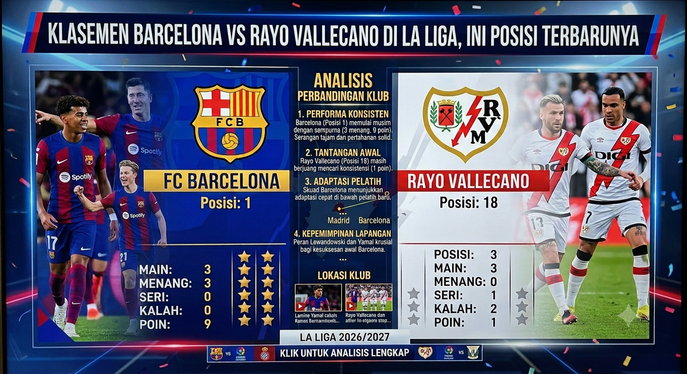 Klasemen Barcelona vs Rayo Vallecano di La Liga, Ini Posisi Terbarunya
