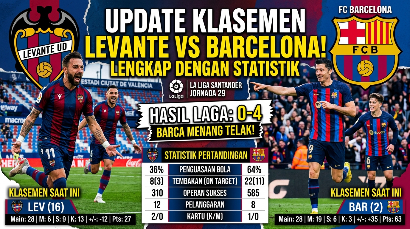 Update Klasemen Levante vs Barcelona di La Liga, Lengkap dengan Statistik