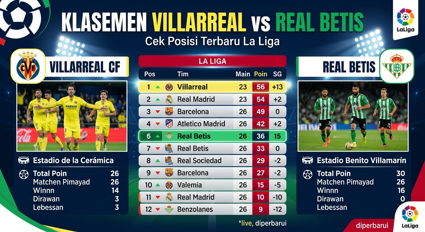 Klasemen Villarreal vs Real Betis, Cek Posisi Terbaru La Liga