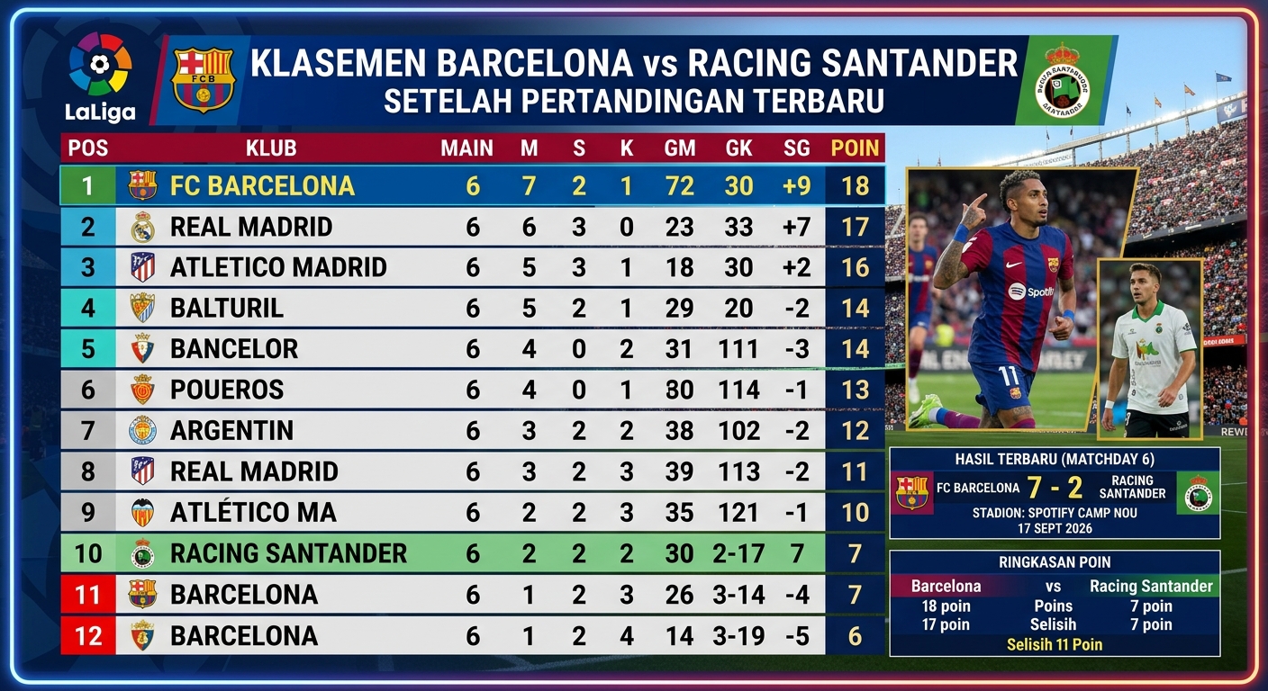 Klasemen Barcelona vs Racing Santander Setelah Pertandingan Terbaru