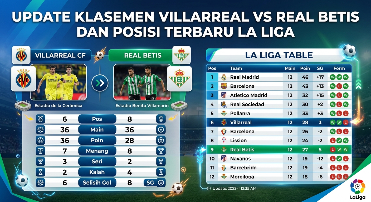 Update Klasemen Villarreal vs Real Betis dan Posisi Terbaru La Liga