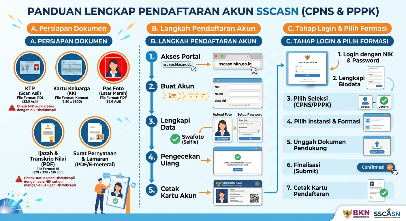 Bagi masyarakat yang ingin mengikuti seleksi Calon Pegawai Negeri Sipil (CPNS) maupun Pegawai Pemerintah dengan Perjanjian Kerja (PPPK), salah satu tahapan yang perlu diperhatikan adalah membuat akun SSCASN. Akun tersebut digunakan dalam proses pendaftaran seleksi aparatur sipil negara melalui sistem yang disediakan pemerintah. SSCASN menjadi bagian penting dalam proses pendaftaran karena peserta perlu mengisi data diri, memilih formasi, mengunggah dokumen, serta mengikuti berbagai tahapan administrasi melalui sistem tersebut. Oleh karena itu, calon peserta sebaiknya memahami cara daftar akun SSCASN sejak awal agar tidak mengalami kendala ketika pendaftaran resmi dibuka. Meski pembuatan akun terlihat sederhana, calon peserta tetap perlu menyiapkan dokumen dan memastikan data yang dimasukkan sesuai dengan identitas resmi. Kesalahan data dapat menghambat proses pendaftaran atau bahkan menyebabkan dokumen tidak sesuai ketika dilakukan verifikasi. Lantas, bagaimana cara daftar akun SSCASN untuk seleksi CPNS dan PPPK? Apa saja syarat yang harus disiapkan dan bagaimana langkah pendaftarannya? Simak panduan lengkap berikut. Apa Itu SSCASN? SSCASN merupakan sistem seleksi calon aparatur sipil negara yang digunakan dalam proses pendaftaran dan seleksi ASN. Melalui sistem ini, peserta dapat melakukan berbagai tahapan pendaftaran sesuai jenis seleksi yang dibuka, termasuk CPNS maupun PPPK. Peserta tidak perlu membuat akun di banyak situs berbeda untuk melakukan pendaftaran. Namun, peserta tetap harus memperhatikan portal resmi dan mengikuti petunjuk sesuai pengumuman seleksi pada tahun berjalan. Karena jadwal, jenis seleksi, formasi, persyaratan, dan mekanisme pendaftaran dapat berubah setiap periode, calon peserta sebaiknya selalu merujuk pada pengumuman resmi pemerintah. Apa Perbedaan CPNS dan PPPK? Sebelum membuat akun SSCASN, calon peserta perlu memahami bahwa CPNS dan PPPK merupakan bagian dari sistem kepegawaian ASN, tetapi memiliki karakteristik kepegawaian yang berbeda. CPNS merupakan calon Pegawai Negeri Sipil yang setelah memenuhi ketentuan dan proses pengangkatan dapat menjadi PNS. Sementara itu, PPPK merupakan Pegawai Pemerintah dengan Perjanjian Kerja yang bekerja berdasarkan perjanjian kerja sesuai ketentuan peraturan perundang-undangan. Meskipun berbeda, proses pendaftaran keduanya dapat dilakukan melalui sistem SSCASN ketika pemerintah membuka seleksi. Kapan Pendaftaran SSCASN Dibuka? Pendaftaran SSCASN tidak selalu dibuka sepanjang tahun. Jadwal pendaftaran CPNS dan PPPK ditetapkan pemerintah sesuai kebijakan dan kebutuhan formasi pada periode tertentu. Karena itu, peserta tidak sebaiknya berpatokan pada jadwal dari seleksi tahun sebelumnya. Jadwal resmi dapat berubah setiap periode. Sebelum mendaftar, cek terlebih dahulu pengumuman resmi mengenai: Jadwal pendaftaran Jenis seleksi Instansi yang membuka formasi Persyaratan umum Persyaratan khusus Dokumen yang harus diunggah Ketentuan pemilihan formasi Jadwal seleksi administrasi Tahapan ujian Pengumuman hasil seleksi Syarat Umum Sebelum Membuat Akun SSCASN Persyaratan pendaftaran dapat berbeda tergantung seleksi dan formasi yang dibuka. Namun, calon peserta sebaiknya menyiapkan beberapa dokumen dasar sejak awal. 1. Kartu Tanda Penduduk atau Data Kependudukan Data identitas harus sesuai dengan dokumen kependudukan yang berlaku. Pastikan nama, NIK, tempat tanggal lahir, dan informasi lainnya tidak berbeda. 2. Kartu Keluarga Data keluarga dapat dibutuhkan untuk proses pendaftaran atau verifikasi tertentu. Pastikan data dalam Kartu Keluarga sesuai dengan data kependudukan yang digunakan. 3. Nomor Induk Kependudukan NIK menjadi salah satu informasi penting dalam pembuatan akun. Pastikan NIK dapat digunakan dan sesuai dengan identitas peserta. 4. Nomor Kartu Keluarga Nomor KK juga dapat diperlukan dalam proses pembuatan akun sesuai mekanisme pendaftaran yang berlaku. 5. Email Aktif Gunakan alamat email yang masih aktif. Email penting untuk menerima informasi pendaftaran dan komunikasi terkait akun. Sebaiknya jangan menggunakan email yang jarang dibuka. 6. Nomor HP Aktif Nomor telepon yang aktif juga perlu dipersiapkan. Gunakan nomor pribadi yang mudah dihubungi dan jangan sering menggantinya selama proses seleksi berlangsung. 7. Dokumen Pendidikan Siapkan ijazah dan dokumen pendidikan sesuai persyaratan formasi yang akan dipilih. Beberapa formasi juga dapat memiliki persyaratan tambahan terkait jurusan, program studi, akreditasi, atau kualifikasi tertentu. Cara Daftar Akun SSCASN untuk CPNS dan PPPK Berikut langkah umum pembuatan akun SSCASN yang perlu diketahui calon peserta. 1. Buka Portal Resmi SSCASN Langkah pertama adalah membuka portal resmi SSCASN yang digunakan pemerintah untuk proses seleksi ASN. Pastikan calon peserta menggunakan alamat situs resmi dan tidak melakukan pendaftaran melalui situs atau tautan yang tidak jelas. Hal ini penting karena pendaftaran membutuhkan data pribadi yang bersifat penting. 2. Pilih Menu Registrasi Setelah halaman pendaftaran tersedia, pilih menu untuk membuat akun atau registrasi. Sistem kemudian akan meminta sejumlah informasi identitas peserta. Ikuti petunjuk yang muncul pada layar. 3. Masukkan Data Kependudukan Masukkan NIK, nomor Kartu Keluarga, nama lengkap, tempat lahir, dan data lainnya sesuai dokumen kependudukan. Pastikan semua data ditulis dengan benar. Jangan menggunakan data orang lain karena akun SSCASN bersifat personal. 4. Masukkan Data Kontak Berikutnya, masukkan nomor telepon dan email aktif. Periksa kembali penulisan email karena kesalahan satu karakter dapat menyebabkan peserta tidak menerima informasi penting. 5. Lakukan Verifikasi Sistem akan melakukan verifikasi terhadap data yang dimasukkan. Jika data sesuai, proses pembuatan akun dapat dilanjutkan. Apabila muncul masalah seperti data tidak ditemukan atau tidak sesuai, peserta sebaiknya mengikuti petunjuk resmi yang tersedia dan melakukan pengecekan data kependudukan. 6. Buat Password Peserta perlu membuat password untuk akun SSCASN. Gunakan password yang kuat tetapi tetap mudah diingat oleh pemilik akun. Jangan membagikan password kepada orang lain. 7. Simpan Informasi Akun Setelah akun berhasil dibuat, simpan informasi login dengan aman. Informasi tersebut diperlukan untuk masuk kembali ke sistem ketika pendaftaran seleksi dibuka. Sebaiknya peserta mencatat username atau informasi login di tempat yang aman. 8. Login ke Akun SSCASN Setelah akun aktif, peserta dapat masuk menggunakan informasi akun yang telah dibuat. Pada tahap berikutnya, peserta perlu mengikuti proses pendaftaran sesuai seleksi yang tersedia. 9. Lengkapi Biodata Lengkapi seluruh biodata yang diminta oleh sistem. Periksa kembali nama, alamat, pendidikan, dan informasi lainnya. Data harus konsisten dengan dokumen resmi. 10. Pilih Jenis Seleksi Apabila terdapat beberapa pilihan seleksi, pilih jenis seleksi yang sesuai dengan status dan kualifikasi peserta. Jangan memilih jenis seleksi hanya berdasarkan perkiraan. Baca persyaratan setiap formasi dengan teliti. 11. Pilih Instansi dan Formasi Setelah itu, peserta dapat memilih instansi dan formasi sesuai ketentuan yang berlaku. Perhatikan persyaratan pendidikan, jabatan, lokasi penempatan, serta persyaratan khusus lainnya. Pemilihan formasi merupakan tahapan penting sehingga jangan terburu-buru mengirim pilihan. 12. Unggah Dokumen Peserta kemudian perlu mengunggah dokumen sesuai persyaratan. Dokumen yang mungkin diminta antara lain: KTP Ijazah Transkrip nilai Pasfoto Surat lamaran Surat pernyataan Dokumen khusus sesuai instansi Sertifikat atau dokumen tambahan jika dipersyaratkan Format dan ukuran file harus mengikuti ketentuan yang ditampilkan pada sistem. 13. Periksa Resume Pendaftaran Sebelum mengakhiri proses pendaftaran, periksa kembali seluruh informasi. Pastikan tidak ada kesalahan pada data pribadi, pilihan instansi, pilihan formasi, maupun dokumen yang diunggah. Jangan melewatkan tahap pemeriksaan ini. 14. Kirim Pendaftaran Jika semua data sudah benar, lakukan pengiriman atau submit pendaftaran sesuai instruksi sistem. Setelah pendaftaran dikirim, perubahan data tertentu mungkin tidak dapat dilakukan kembali. Karena itu, pastikan seluruh informasi benar sebelum melakukan finalisasi. 15. Simpan Bukti Pendaftaran Setelah berhasil melakukan pendaftaran, simpan bukti atau kartu pendaftaran sesuai mekanisme yang tersedia. Bukti tersebut dapat diperlukan pada tahapan selanjutnya. Kesalahan yang Sering Terjadi Saat Daftar SSCASN Ada beberapa kesalahan yang perlu dihindari peserta. Salah Memasukkan NIK NIK merupakan data penting. Kesalahan memasukkan angka dapat menyebabkan proses pendaftaran tidak berjalan. Data Tidak Sesuai Dokumen Nama, tempat lahir, tanggal lahir, dan data lainnya harus konsisten dengan dokumen resmi. Salah Memilih Formasi Peserta perlu membaca persyaratan formasi secara lengkap sebelum memilih. Kesalahan memilih formasi dapat berdampak pada proses seleksi administrasi. Dokumen Tidak Sesuai Format Dokumen yang diunggah harus mengikuti format dan ukuran file yang ditentukan sistem. Menggunakan Email Tidak Aktif Email yang tidak dapat diakses dapat menyebabkan peserta melewatkan informasi penting. Tips Mempersiapkan Pendaftaran SSCASN Agar proses pendaftaran lebih lancar, peserta dapat melakukan beberapa persiapan. Pertama, siapkan dokumen jauh-jauh hari. Jangan menunggu pendaftaran dibuka untuk mulai mencari ijazah, transkrip, KTP, atau dokumen lainnya. Kedua, baca pengumuman formasi dengan teliti. Setiap instansi dapat memiliki persyaratan yang berbeda. Ketiga, pastikan dokumen memiliki kualitas yang baik. Dokumen hasil scan harus dapat dibaca dengan jelas. Keempat, gunakan koneksi internet yang stabil ketika melakukan pendaftaran. Kelima, jangan terburu-buru melakukan submit. Periksa semua informasi terlebih dahulu. Keenam, simpan bukti pendaftaran setelah proses selesai. Apakah Akun SSCASN Bisa Digunakan untuk CPNS dan PPPK? Akun SSCASN digunakan dalam sistem pendaftaran seleksi ASN sesuai mekanisme yang ditetapkan pemerintah pada periode seleksi. Namun, peserta harus tetap memperhatikan ketentuan pada tahun berjalan karena prosedur, jenis seleksi, serta aturan pendaftaran dapat mengalami perubahan. Dengan demikian, jangan hanya mengandalkan pengalaman pendaftaran tahun sebelumnya. Apa yang Dilakukan Setelah Mendaftar SSCASN? Pendaftaran akun bukanlah akhir dari proses seleksi. Setelah mengirim pendaftaran, peserta perlu memantau tahapan berikutnya. Salah satunya adalah pengumuman hasil seleksi administrasi. Jika dinyatakan lolos administrasi, peserta dapat mengikuti tahapan seleksi berikutnya sesuai jenis seleksi yang diikuti. Peserta juga perlu memantau jadwal dan informasi resmi secara berkala agar tidak melewatkan tahapan penting. Kesimpulan Cara daftar akun SSCASN untuk seleksi CPNS dan PPPK dimulai dengan menyiapkan data kependudukan, email dan nomor HP aktif, kemudian melakukan registrasi melalui portal resmi SSCASN ketika pendaftaran dibuka. Setelah akun berhasil dibuat, peserta perlu melengkapi biodata, memilih jenis seleksi, memilih instansi dan formasi sesuai kualifikasi, mengunggah dokumen, memeriksa kembali data, lalu melakukan finalisasi pendaftaran. Hal terpenting yang perlu diperhatikan adalah memastikan seluruh data sesuai dengan dokumen resmi. Peserta juga harus membaca pengumuman formasi secara teliti karena persyaratan CPNS dan PPPK dapat berbeda sesuai instansi dan periode seleksi. Dengan mempersiapkan dokumen sejak awal dan mengikuti informasi resmi, calon peserta dapat menjalani proses pendaftaran SSCASN dengan lebih teratur dan mengurangi risiko kesalahan administrasi.