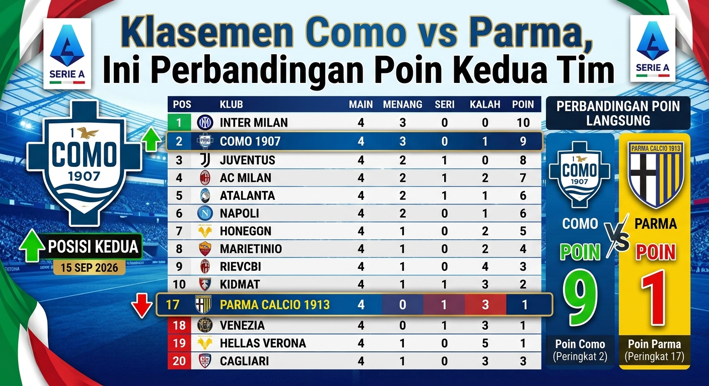 Klasemen Como vs Parma, Ini Perbandingan Poin Kedua Tim