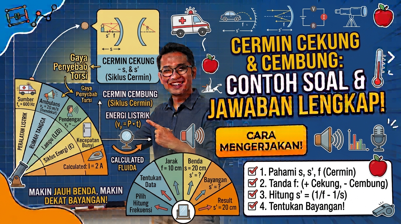 Cermin merupakan salah satu alat optik yang banyak dijumpai dalam kehidupan sehari-hari. Berdasarkan bentuk permukaannya, cermin dapat dibedakan menjadi cermin datar, cermin cekung, dan cermin cembung. Dalam pembelajaran fisika, cermin cekung dan cembung menjadi materi penting karena berkaitan dengan pembentukan bayangan, jarak bayangan, jarak fokus, serta sifat bayangan yang dihasilkan. Salah satu bentuk soal yang sering muncul adalah menghitung jarak bayangan pada cermin cekung dan cembung. Untuk mengerjakannya, diperlukan pemahaman mengenai persamaan cermin dan aturan tanda yang digunakan. Artikel ini membahas contoh soal cermin cekung dan cembung secara bertahap, mulai dari rumus, konsep dasar, contoh soal, langkah pengerjaan, hingga cara menentukan sifat bayangan. Mengenal Cermin Cekung dan Cembung Sebelum mengerjakan contoh soal, penting untuk memahami perbedaan antara cermin cekung dan cermin cembung. Cermin Cekung Cermin cekung adalah cermin yang permukaan pantulnya melengkung ke arah dalam. Bentuknya dapat dibayangkan seperti bagian dalam sebuah bola. Cermin cekung memiliki sifat mengumpulkan sinar atau konvergen. Jika sinar-sinar yang datang sejajar sumbu utama dipantulkan oleh cermin cekung, sinar tersebut akan berkumpul di satu titik yang disebut titik fokus. Cermin cekung dapat menghasilkan bayangan nyata maupun maya, tergantung pada posisi benda terhadap titik fokus dan pusat kelengkungan. Beberapa contoh pemanfaatan cermin cekung antara lain: reflektor lampu kendaraan, cermin rias, cermin pada alat optik tertentu, reflektor senter, teleskop reflektor. Cermin Cembung Cermin cembung adalah cermin yang permukaan pantulnya melengkung ke arah luar. Cermin ini memiliki sifat menyebarkan sinar atau divergen. Sinar-sinar sejajar yang mengenai cermin cembung akan dipantulkan seolah-olah berasal dari satu titik di belakang cermin. Titik tersebut merupakan fokus maya. Cermin cembung selalu menghasilkan bayangan yang bersifat maya, tegak, dan diperkecil untuk benda nyata yang berada di depan cermin. Contoh penggunaan cermin cembung dapat ditemukan pada: kaca spion kendaraan, cermin keamanan di toko, cermin di tikungan jalan, cermin pengawas pada area tertentu. Rumus Cermin untuk Mencari Jarak Bayangan Untuk menentukan jarak bayangan pada cermin cekung maupun cembung, digunakan persamaan cermin: \(\frac{1}{f} = \frac{1}{u} + \frac{1}{v}\) 15 1 ​ = 30 1 ​ + 30 1 ​ u cm u f cm f F C cermin cekung v = 30 | m = -1 Beri masukan Keterangan: f = jarak fokus cermin u = jarak benda dari cermin v = jarak bayangan dari cermin Rumus tersebut dapat digunakan untuk mencari salah satu besaran apabila dua besaran lainnya telah diketahui. Misalnya ingin mencari jarak bayangan, persamaan dapat ditulis menjadi: 1/v = 1/f − 1/u Kemudian nilai v dapat dihitung. Dalam soal fisika, penggunaan tanda positif dan negatif sangat penting. Secara umum: Cermin cekung memiliki fokus positif. Cermin cembung memiliki fokus negatif. Benda nyata yang berada di depan cermin biasanya memiliki u positif. Bayangan nyata di depan cermin memiliki v positif. Bayangan maya di belakang cermin memiliki v negatif. Pemahaman tanda ini akan membantu menghindari kesalahan dalam menghitung jarak bayangan. Contoh Soal Cermin Cekung Mencari Jarak Bayangan Soal: Sebuah benda diletakkan di depan cermin cekung dengan jarak 30 cm. Jika jarak fokus cermin adalah 15 cm, tentukan jarak bayangan yang terbentuk dan sifat bayangannya! Diketahui Dari soal diperoleh: Jarak benda, u = 30 cm Jarak fokus, f = 15 cm Jarak bayangan, v = ? Karena cermin yang digunakan adalah cermin cekung, maka fokus bernilai positif. Jadi: f = +15 cm Ditanyakan Jarak bayangan atau v. Penyelesaian Gunakan persamaan cermin: 1/f = 1/u + 1/v Masukkan nilai yang diketahui: 1/15 = 1/30 + 1/v Pindahkan 1/30 ke ruas kiri: 1/v = 1/15 − 1/30 Samakan penyebut: 1/v = 2/30 − 1/30 Sehingga: 1/v = 1/30 Maka: v = 30 cm Jadi, jarak bayangan adalah 30 cm di depan cermin. Menentukan Sifat Bayangan Diketahui: u = 30 cm f = 15 cm Karena pusat kelengkungan cermin adalah: R = 2f maka: R = 2 × 15 = 30 cm Benda berada tepat di pusat kelengkungan karena jaraknya 30 cm. Jika benda berada di pusat kelengkungan cermin cekung, bayangan yang terbentuk memiliki sifat: nyata, terbalik, sama besar dengan benda, terbentuk di pusat kelengkungan. Jadi, selain mendapatkan jarak bayangan 30 cm, kita juga dapat mengetahui bahwa ukuran bayangan sama dengan ukuran benda. Contoh Soal Cermin Cekung dengan Jarak Benda Berbeda Soal: Sebuah benda berada pada jarak 40 cm di depan cermin cekung. Cermin tersebut memiliki jarak fokus 20 cm. Tentukan jarak bayangan yang terbentuk! Diketahui u = 40 cm f = 20 cm v = ? Penyelesaian Gunakan rumus: 1/f = 1/u + 1/v Substitusi: 1/20 = 1/40 + 1/v Maka: 1/v = 1/20 − 1/40 1/v = 2/40 − 1/40 1/v = 1/40 Sehingga: v = 40 cm Jadi, jarak bayangan adalah 40 cm di depan cermin. Karena u = 2f, benda berada di pusat kelengkungan. Oleh sebab itu, bayangan yang terbentuk adalah nyata, terbalik, dan sama besar. Contoh Soal Cermin Cekung dengan Benda di Antara Fokus dan Cermin Tidak semua soal cermin cekung menghasilkan bayangan nyata. Jika benda berada di antara cermin dan titik fokus, bayangan yang terbentuk dapat menjadi maya. Soal: Sebuah benda diletakkan 10 cm di depan cermin cekung yang memiliki jarak fokus 15 cm. Tentukan jarak bayangan! Diketahui u = 10 cm f = 15 cm v = ? Penyelesaian Gunakan persamaan: 1/f = 1/u + 1/v Substitusi: 1/15 = 1/10 + 1/v Maka: 1/v = 1/15 − 1/10 Samakan penyebut: 1/v = 2/30 − 3/30 1/v = −1/30 Sehingga: v = −30 cm Hasilnya adalah: v = −30 cm Tanda negatif menunjukkan bahwa bayangan berada di belakang cermin dan bersifat maya. Dengan demikian, bayangan pada soal tersebut adalah bayangan maya, tegak, dan diperbesar. Hasil ini sesuai dengan karakteristik cermin cekung ketika benda berada di antara cermin dan titik fokus. Contoh Soal Cermin Cembung Mencari Jarak Bayangan Sekarang kita beralih ke cermin cembung. Soal: Sebuah benda berada pada jarak 30 cm di depan cermin cembung. Cermin tersebut memiliki jarak fokus 15 cm. Tentukan jarak bayangannya! Diketahui u = 30 cm f = −15 cm v = ? Fokus cermin cembung bernilai negatif sehingga: f = −15 cm Penyelesaian Gunakan persamaan: 1/f = 1/u + 1/v Substitusi: 1/(−15) = 1/30 + 1/v Maka: 1/v = −1/15 − 1/30 Samakan penyebut: 1/v = −2/30 − 1/30 1/v = −3/30 1/v = −1/10 Sehingga: v = −10 cm Jadi, jarak bayangan adalah 10 cm di belakang cermin. Tanda negatif menunjukkan bahwa bayangan berada di belakang cermin sehingga bersifat maya. Pada cermin cembung, bayangan yang terbentuk untuk benda nyata selalu: maya, tegak, diperkecil. Contoh Soal Cermin Cembung Lainnya Soal: Sebuah benda diletakkan pada jarak 50 cm di depan cermin cembung dengan jarak fokus 20 cm. Berapakah jarak bayangan yang terbentuk? Diketahui u = 50 cm f = −20 cm v = ? Penyelesaian Gunakan rumus: 1/f = 1/u + 1/v Substitusi: 1/(−20) = 1/50 + 1/v Sehingga: 1/v = −1/20 − 1/50 Samakan penyebut menjadi 100: 1/v = −5/100 − 2/100 1/v = −7/100 Maka: v = −100/7 Hasilnya sekitar: v = −14,29 cm Jadi, jarak bayangan adalah sekitar 14,29 cm di belakang cermin. Tanda negatif menunjukkan bahwa bayangan yang terbentuk merupakan bayangan maya. Perbedaan Perhitungan Cermin Cekung dan Cembung Kesalahan yang cukup sering terjadi ketika mengerjakan soal cermin adalah lupa membedakan tanda fokus. Pada cermin cekung: f > 0 Sedangkan pada cermin cembung: f < 0 Sebagai contoh, jika sebuah soal menyebutkan jarak fokus cermin sebesar 20 cm, jangan langsung memasukkan +20 cm. Perhatikan terlebih dahulu jenis cerminnya. Jika cermin cekung: f = +20 cm Jika cermin cembung: f = −20 cm Perbedaan tanda tersebut dapat mengubah hasil perhitungan jarak bayangan. Cara Cepat Mengerjakan Soal Jarak Bayangan Agar lebih mudah mengerjakan soal cermin cekung dan cembung, terdapat beberapa langkah yang dapat digunakan. 1. Tentukan jenis cermin Baca soal dengan teliti. Tentukan apakah cermin yang digunakan adalah cermin cekung atau cembung. 2. Tentukan nilai fokus Gunakan aturan tanda: cermin cekung → f positif, cermin cembung → f negatif. 3. Tuliskan jarak benda Jarak benda biasanya diberi simbol u. 4. Tentukan besaran yang ditanyakan Jika soal meminta jarak bayangan, berarti yang dicari adalah v. 5. Gunakan persamaan cermin Masukkan semua nilai ke dalam: 1/f = 1/u + 1/v 6. Perhatikan tanda hasil Jika v positif, bayangan berada di depan cermin dan umumnya merupakan bayangan nyata. Jika v negatif, bayangan berada di belakang cermin dan merupakan bayangan maya. 7. Tentukan sifat bayangan Setelah memperoleh jarak bayangan, periksa apakah bayangan nyata atau maya, tegak atau terbalik, serta diperbesar atau diperkecil. Kesalahan yang Sering Terjadi Saat Mengerjakan Soal Cermin Ada beberapa kesalahan yang sering dilakukan siswa ketika menghitung jarak bayangan. Pertama, lupa memberikan tanda negatif pada fokus cermin cembung. Cermin cembung memiliki fokus negatif. Jika tanda tersebut diabaikan, hasil perhitungan dapat menjadi tidak sesuai. Kedua, salah memindahkan persamaan. Dari: 1/f = 1/u + 1/v untuk mencari v harus diperoleh: 1/v = 1/f − 1/u Kesalahan dalam operasi pecahan dapat menyebabkan jawaban akhir salah. Ketiga, menganggap semua bayangan cermin adalah nyata. Padahal, cermin cembung menghasilkan bayangan maya untuk benda nyata. Cermin cekung juga dapat menghasilkan bayangan maya jika benda berada di antara cermin dan titik fokus. Keempat, tidak memperhatikan satuan. Pastikan semua jarak menggunakan satuan yang sama, misalnya sentimeter. Jika jarak fokus diberikan dalam meter sedangkan jarak benda dalam sentimeter, satuannya harus disamakan terlebih dahulu. Ringkasan Rumus Cermin Cekung dan Cembung Rumus utama yang digunakan adalah: 1/f = 1/u + 1/v Dengan: f = jarak fokus, u = jarak benda, v = jarak bayangan. Aturan tanda yang perlu diingat: Besaran Cermin Cekung Cermin Cembung Fokus Positif Negatif Benda nyata Positif Positif Bayangan nyata Positif Tidak terbentuk Bayangan maya Negatif Negatif Cermin cekung dapat menghasilkan bayangan nyata atau maya, tergantung posisi benda. Sementara itu, cermin cembung pada benda nyata menghasilkan bayangan maya, tegak, dan diperkecil. Kesimpulan Menghitung jarak bayangan pada cermin cekung dan cembung pada dasarnya menggunakan persamaan cermin yang sama, yaitu 1/f = 1/u + 1/v. Perbedaan utama terletak pada penggunaan tanda fokus. Untuk cermin cekung, jarak fokus bernilai positif, sedangkan untuk cermin cembung jarak fokus bernilai negatif. Setelah memasukkan nilai jarak benda dan fokus ke dalam rumus, hasil perhitungan v dapat digunakan untuk menentukan posisi bayangan. Jika nilai v positif, bayangan berada di depan cermin dan bersifat nyata. Sebaliknya, nilai v negatif menunjukkan bahwa bayangan berada di belakang cermin dan bersifat maya. Dengan memahami konsep tersebut, mengerjakan contoh soal cermin cekung dan cembung mencari jarak bayangan menjadi lebih mudah. Kunci utamanya adalah menentukan jenis cermin, menuliskan nilai fokus dengan tanda yang benar, menggunakan persamaan cermin secara tepat, serta memeriksa kembali sifat bayangan berdasarkan posisi benda dan hasil perhitungan.