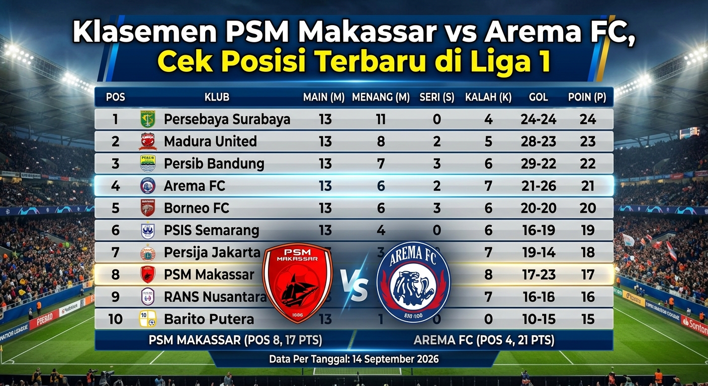 Klasemen PSM Makassar vs Arema FC, Cek Posisi Terbaru di Liga 1