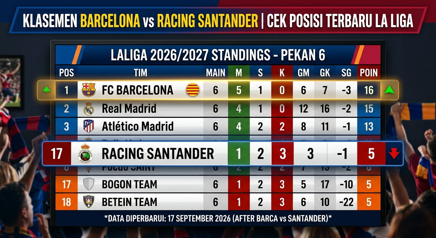 Klasemen Barcelona vs Racing Santander, Cek Posisi Terbaru La Liga