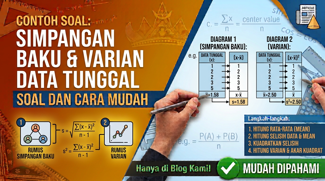 Dalam materi statistika, simpangan baku dan varian data tunggal menjadi salah satu topik penting yang perlu dipahami. Keduanya digunakan untuk mengetahui seberapa besar penyebaran data terhadap nilai rata-ratanya. Jika data memiliki penyebaran yang kecil, nilai simpangan baku dan variannya juga cenderung kecil. Sebaliknya, semakin jauh data tersebar dari rata-rata, semakin besar pula nilai simpangan baku dan varian. Materi ini sering muncul dalam pembelajaran matematika, terutama ketika membahas statistika dasar. Untuk menguasainya, tidak cukup hanya menghafalkan rumus. Kita juga perlu memahami langkah-langkah menghitung mean, selisih setiap data dengan rata-rata, kuadrat selisih, varian, hingga simpangan baku. Artikel ini akan membahas pengertian, rumus, perbedaan, serta beberapa contoh soal simpangan baku dan varian data tunggal lengkap dengan cara mengerjakannya secara bertahap. Apa Itu Varian? Varian adalah ukuran statistik yang digunakan untuk mengetahui tingkat penyebaran data terhadap nilai rata-ratanya. Varian dihitung dengan mencari rata-rata dari kuadrat selisih setiap data terhadap mean. Dalam data tunggal, terdapat dua jenis rumus varian yang umum digunakan, yaitu varian populasi dan varian sampel. Untuk populasi, rumusnya adalah: σ² = Σ(xᵢ − μ)² / N Keterangan: σ² = varian populasi xᵢ = nilai setiap data μ = rata-rata populasi N = banyak data Σ = jumlah keseluruhan Sementara itu, untuk sampel, rumus varian adalah: s² = Σ(xᵢ − x̄)² / (n − 1) Keterangan: s² = varian sampel xᵢ = nilai setiap data x̄ = rata-rata sampel n = banyak data Dalam soal matematika sekolah, apabila soal menyebutkan sekumpulan data sebagai keseluruhan data yang sedang dianalisis, biasanya digunakan rumus varian populasi. Apa Itu Simpangan Baku? Simpangan baku atau standard deviation adalah akar kuadrat dari varian. Simpangan baku digunakan untuk mengetahui seberapa jauh penyebaran data dari nilai rata-ratanya. Rumus simpangan baku populasi adalah: σ = √[Σ(xᵢ − μ)² / N] Sedangkan untuk sampel: s = √[Σ(xᵢ − x̄)² / (n − 1)] Karena simpangan baku merupakan akar dari varian, keduanya memiliki hubungan yang sangat erat. Jika diketahui: Varian = 16 maka: Simpangan baku = √16 = 4 Jadi, semakin besar nilai varian, biasanya semakin besar pula simpangan bakunya. Perbedaan Varian dan Simpangan Baku Meskipun saling berkaitan, varian dan simpangan baku bukanlah hal yang sama. Varian merupakan rata-rata kuadrat penyimpangan data dari mean. Sementara itu, simpangan baku merupakan akar kuadrat dari varian. Contohnya, jika suatu kumpulan data memiliki varian sebesar 25, maka simpangan bakunya adalah: √25 = 5 Perbedaan lainnya terletak pada satuan. Varian menggunakan satuan yang dikuadratkan, sedangkan simpangan baku memiliki satuan yang sama dengan data aslinya. Karena alasan tersebut, simpangan baku sering kali lebih mudah digunakan untuk menginterpretasikan penyebaran data. Langkah-Langkah Menghitung Varian dan Simpangan Baku Data Tunggal Untuk menyelesaikan soal, terdapat beberapa langkah yang dapat dilakukan. 1. Hitung nilai rata-rata Jumlahkan seluruh data, kemudian bagi dengan banyaknya data. Mean = jumlah seluruh data / banyak data 2. Hitung selisih setiap data dengan mean Setiap nilai data dikurangi dengan rata-rata. xᵢ − x̄ 3. Kuadratkan setiap selisih Hasil pengurangan tadi kemudian dikuadratkan. (xᵢ − x̄)² 4. Jumlahkan seluruh kuadrat selisih Setelah semua data dihitung, jumlahkan hasil kuadrat tersebut. Σ(xᵢ − x̄)² 5. Hitung varian Untuk populasi, jumlah kuadrat selisih dibagi dengan banyak data. 6. Hitung simpangan baku Simpangan baku diperoleh dengan mencari akar kuadrat dari varian. Contoh Soal 1: Menghitung Varian Data Tunggal Soal: Diketahui data nilai ulangan matematika lima siswa sebagai berikut: 6, 7, 8, 9, 10 Tentukan nilai varian dari data tersebut! Pembahasan Langkah pertama adalah menghitung rata-rata. Jumlah data: 6 + 7 + 8 + 9 + 10 = 40 Banyak data: n = 5 Maka: Mean = 40 / 5 = 8 Selanjutnya, hitung selisih setiap data dengan rata-rata. Data (x) x − mean (x − mean)² 6 -2 4 7 -1 1 8 0 0 9 1 1 10 2 4 Jumlah 0 10 Jumlah kuadrat selisih adalah: Σ(x − x̄)² = 10 Karena data tersebut dianggap sebagai populasi, maka: Varian = 10 / 5 Varian = 2 Jadi, varian data tersebut adalah 2. Contoh Soal 2: Menghitung Simpangan Baku Data Tunggal Soal: Tentukan simpangan baku dari data berikut: 5, 6, 7, 8, 9 Pembahasan Pertama, tentukan rata-rata. Jumlah data: 5 + 6 + 7 + 8 + 9 = 35 Banyak data: 5 Maka: Mean = 35 / 5 = 7 Selanjutnya, buat tabel perhitungan. Data x − mean (x − mean)² 5 -2 4 6 -1 1 7 0 0 8 1 1 9 2 4 Jumlah 0 10 Varian: σ² = 10 / 5 = 2 Simpangan baku: σ = √2 Jadi, simpangan bakunya adalah: √2 ≈ 1,41 Dengan demikian, simpangan baku data tersebut sekitar 1,41. Contoh Soal 3: Varian dan Simpangan Baku Sekaligus Soal: Diketahui data tinggi tanaman dalam satu kelompok adalah: 10, 12, 14, 16, 18 Tentukan: Mean Varian Simpangan baku Pembahasan Langkah 1: Menghitung Mean Jumlah seluruh data: 10 + 12 + 14 + 16 + 18 = 70 Banyak data: 5 Maka: Mean = 70 / 5 = 14 Langkah 2: Menghitung Kuadrat Selisih Data x − 14 (x − 14)² 10 -4 16 12 -2 4 14 0 0 16 2 4 18 4 16 Jumlah 0 40 Langkah 3: Menghitung Varian Karena terdapat lima data: σ² = 40 / 5 σ² = 8 Jadi, variannya adalah 8. Langkah 4: Menghitung Simpangan Baku Simpangan baku merupakan akar dari varian. σ = √8 Karena: √8 = √(4 × 2) maka: σ = 2√2 Jika dibulatkan: σ ≈ 2,83 Jadi, hasil akhirnya adalah: Mean = 14 Varian = 8 Simpangan baku ≈ 2,83 Contoh Soal 4: Data dengan Nilai yang Lebih Bervariasi Soal: Perhatikan data berikut: 4, 6, 8, 10, 12, 14 Hitunglah varian dan simpangan bakunya! Pembahasan Jumlah data: 4 + 6 + 8 + 10 + 12 + 14 = 54 Banyak data: 6 Mean: 54 / 6 = 9 Selanjutnya: Data x − 9 (x − 9)² 4 -5 25 6 -3 9 8 -1 1 10 1 1 12 3 9 14 5 25 Jumlah 0 70 Maka varian: σ² = 70 / 6 σ² = 11,67 Kemudian simpangan baku: σ = √11,67 σ ≈ 3,42 Jadi, varian data adalah sekitar 11,67, sedangkan simpangan bakunya sekitar 3,42. Contoh Soal 5: Menghitung Simpangan Baku dari Data Nilai Siswa Soal: Nilai lima siswa dalam sebuah tes adalah: 70, 75, 80, 85, 90 Tentukan varian dan simpangan bakunya! Pembahasan Pertama, hitung rata-rata: Mean = (70 + 75 + 80 + 85 + 90) / 5 Mean = 400 / 5 Mean = 80 Kemudian hitung kuadrat selisih setiap data. Nilai Selisih dari Mean Kuadrat Selisih 70 -10 100 75 -5 25 80 0 0 85 5 25 90 10 100 Jumlah 0 250 Varian: σ² = 250 / 5 σ² = 50 Simpangan baku: σ = √50 σ = 5√2 σ ≈ 7,07 Jadi, varian data adalah 50 dan simpangan bakunya sekitar 7,07. Contoh Soal 6: Menentukan Varian Jika Simpangan Baku Diketahui Soal: Sebuah kumpulan data memiliki simpangan baku sebesar 6. Tentukan nilai variannya! Pembahasan Hubungan antara varian dan simpangan baku adalah: Simpangan baku = √Varian Karena simpangan baku diketahui sebesar 6, maka: Varian = 6² Varian = 36 Jadi, nilai variannya adalah 36. Soal seperti ini relatif lebih mudah karena tidak perlu menghitung mean dan penyimpangan masing-masing data. Contoh Soal 7: Membandingkan Penyebaran Dua Data Soal: Diketahui dua kelompok data berikut. Kelompok A: 7, 8, 9, 10, 11 Kelompok B: 3, 6, 9, 12, 15 Kelompok manakah yang memiliki penyebaran data lebih besar berdasarkan simpangan baku? Pembahasan Kedua kelompok memiliki mean yang sama. Kelompok A: Mean = 9 Kuadrat selisih: 4 + 1 + 0 + 1 + 4 = 10 Varian: 10 / 5 = 2 Simpangan baku: √2 ≈ 1,41 Untuk Kelompok B: Mean = 9 Kuadrat selisih: 36 + 9 + 0 + 9 + 36 = 90 Varian: 90 / 5 = 18 Simpangan baku: √18 ≈ 4,24 Dari hasil tersebut, terlihat bahwa kedua kelompok memiliki rata-rata yang sama, tetapi penyebarannya berbeda. Kelompok A memiliki simpangan baku sekitar 1,41, sedangkan Kelompok B sekitar 4,24. Artinya, nilai-nilai pada Kelompok B tersebar lebih jauh dari rata-ratanya dibandingkan Kelompok A. Tips Cepat Mengerjakan Soal Simpangan Baku dan Varian Agar tidak mudah salah ketika mengerjakan soal, ada beberapa hal yang perlu diperhatikan. 1. Jangan langsung menggunakan rumus simpangan baku Pastikan nilai rata-rata sudah benar terlebih dahulu. Kesalahan pada mean akan memengaruhi seluruh perhitungan berikutnya. 2. Perhatikan tanda negatif Ketika menghitung selisih data dengan mean, hasilnya bisa negatif. Namun, setelah dikuadratkan, hasilnya selalu positif. Misalnya: (6 − 8)² = (-2)² = 4 Bukan -4. 3. Bedakan varian dengan simpangan baku Varian dan simpangan baku memiliki hubungan, tetapi nilainya berbeda. Jika varian = 9, maka: Simpangan baku = √9 = 3 4. Perhatikan apakah data merupakan populasi atau sampel Jika soal meminta varian atau simpangan baku populasi, pembaginya adalah N. Jika soal meminta ukuran sampel dengan rumus sampel, pembaginya adalah n − 1. 5. Gunakan tabel untuk mengurangi kesalahan Untuk data yang cukup banyak, tabel dengan kolom data, selisih dari mean, dan kuadrat selisih akan membuat proses perhitungan lebih teratur. Kesalahan yang Sering Terjadi Ada beberapa kesalahan yang sering dilakukan saat mengerjakan soal simpangan baku dan varian. Pertama, salah menghitung mean. Karena mean menjadi dasar untuk mencari penyimpangan, kesalahan kecil pada tahap ini dapat membuat hasil akhir salah. Kedua, lupa mengkuadratkan selisih. Varian menggunakan kuadrat dari selisih data dengan rata-rata, bukan selisih biasa. Ketiga, salah menentukan pembagi. Untuk populasi digunakan N, sedangkan pada rumus sampel digunakan n − 1. Keempat, menganggap varian sama dengan simpangan baku. Padahal, simpangan baku adalah akar kuadrat dari varian. Kelima, terburu-buru melakukan pembulatan. Sebaiknya gunakan nilai yang lebih presisi selama proses perhitungan dan lakukan pembulatan pada hasil akhir. Kesimpulan Simpangan baku dan varian data tunggal merupakan ukuran yang digunakan untuk mengetahui tingkat penyebaran suatu kumpulan data terhadap nilai rata-ratanya. Varian diperoleh dengan menghitung rata-rata kuadrat selisih setiap data terhadap mean, sedangkan simpangan baku diperoleh dengan mengambil akar kuadrat dari varian. Untuk mengerjakan soal, langkah yang paling aman adalah menghitung mean terlebih dahulu, kemudian mencari selisih setiap data dengan mean, mengkuadratkan selisih tersebut, menjumlahkannya, dan membaginya sesuai jenis data yang digunakan. Setelah mendapatkan varian, simpangan baku dapat diperoleh dengan cara mengambil akar kuadratnya. Dengan memahami alur tersebut, berbagai contoh soal simpangan baku dan varian data tunggal dapat dikerjakan secara lebih mudah dan sistematis. Kunci utamanya bukan hanya menghafal rumus, tetapi memahami hubungan antara rata-rata, penyebaran data, varian, dan simpangan baku.