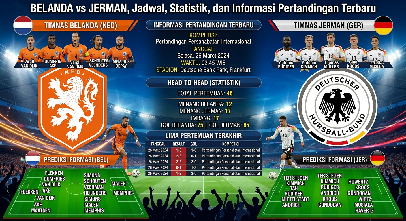 Belanda vs Jerman, Jadwal, Statistik, dan Informasi Pertandingan Terbaru